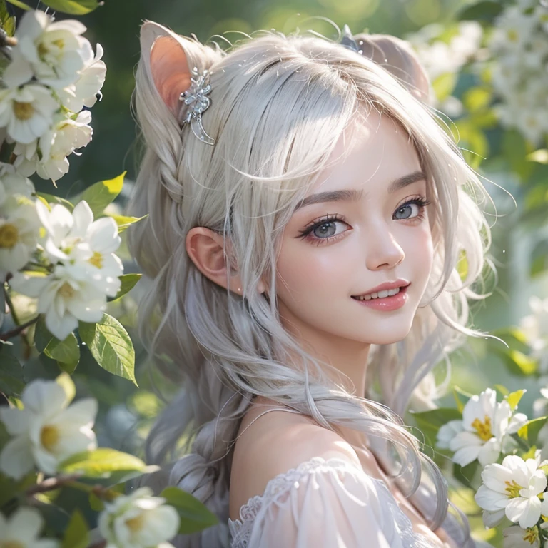(masterpiece:1.3), (8k, Realistic, RAW Photos, Best image quality: 1.4), Fair-skinned fairy woman、short hair、Cleavage:2.0、Highly detailed face、Attention to detail、double eyelid、Sharp focus:1.2、Beautiful woman:1.4、Silvery white hair、highest quality、masterpiece、Ultra-high resolution、(Realistic:1.4)、Highly detailed and professionally lit smiles、Loose, Light,Japanese high 、 one person、whole body, I eat breakfast