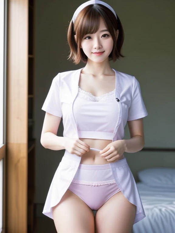 (((Small))),masterpiece, highest quality, High resolution, wallpaper, Realistic, Bright lighting, Professional Lighting, Face Light, Smooth lighting, Japanese Girls, ((Whole body 1.4)),Are standing, cute, smile, beautiful girl, gravure, sexy, so beautiful, Beautiful Skin, Beautiful and detailed、Detailed face、slim、Moderate, short hair, Blonde Hair, Brown Eyes, View your viewers,Nurse Costume,mini skirt,squat,White Bra, Panty Shot,White panties,Sunny Flower Park,Small,