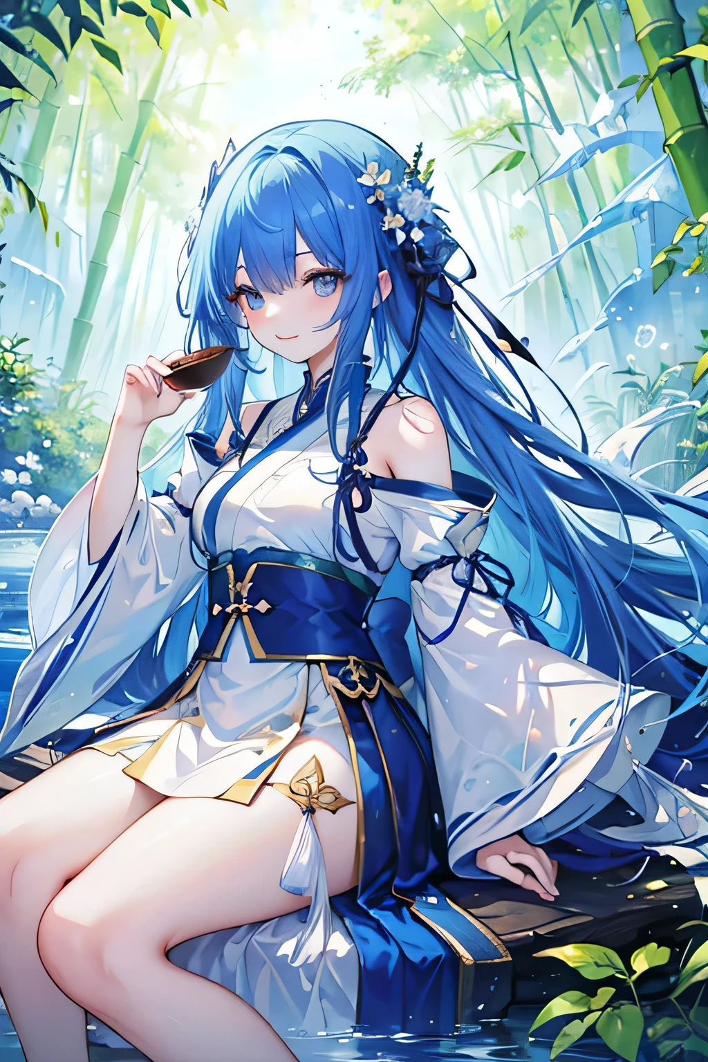 masterpiece、highest quality、Official Art、8k wallpaper、Highly detailed illustration、One Girl、((Esbian all over、Character portrait:1.2))、Blue Hair、Hair length、Detailed eyes、For rest、Exposing shoulders、Hanfu、lake、Pure、A kind smile、bamboo、tea
