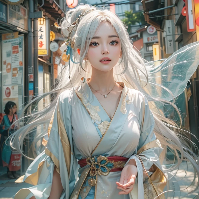 (masterpiece:1.3), (8k, Realistic, RAW Photos, Best image quality: 1.4), Fair-skinned fairy woman、short hair、Cleavage:2.0、Highly detailed face、Attention to detail、double eyelid、Sharp focus:1.2、Beautiful woman:1.4、Silvery white hair、highest quality、masterpiece、Ultra-high resolution、(Realistic:1.4)、Highly detailed and professionally lit smiles、Loose, Light,Japanese High 、 one person、whole body, Add bread through the mouth、Cycling through Japanese cities、
