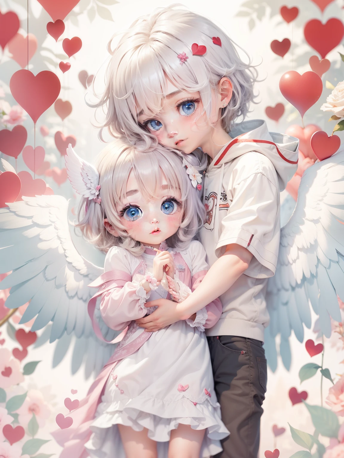 Cute angel boy and cute angel boy、Two people holding hands、Lots of hearts