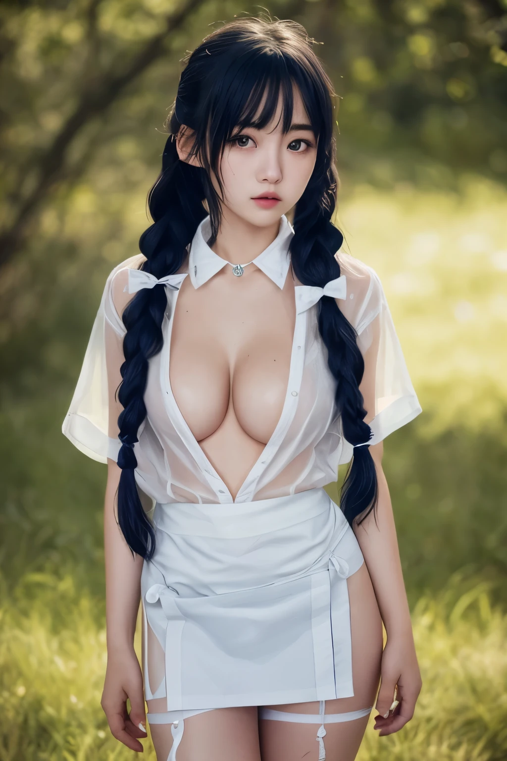 masterpiece, 最high quality, RAW Photos, Absurd,  alone, beautiful girl, 18-year-old, 8k, View Viewer, Naked Apron、 Lost clothes、Pigtails、Three-stranded、Textured skin, See-through,Naked Apron, Rich colors, nature, Frank,, Sophisticated,, (Thin arms, Skin with attention to detail:1.2), cute顔, Soft lighting, high quality, Film Grain, chromatic aberration, Bluish black eyes、Black-haired, ****************、Your shirt is wet、Sheer white shirt、Side Net,Big eyes, cute,Navy blue ribbon on collar、Off-field、(Slime-ified)、Photorealistic、detailed, Skin Texture, 超detailedな、Delicate and sexy collarbone、非常にdetailedな顔、detailedな唇、detailedな目、double eyelid、Emphasize the chest、Very hurt look、Very embarrassed look、Raise the hem of the skirt yourself,、Showing her white panties to the camera、Fluffy semi-long hair、(Small breasts:1.2), (Cleavage:1.2)、nipples
