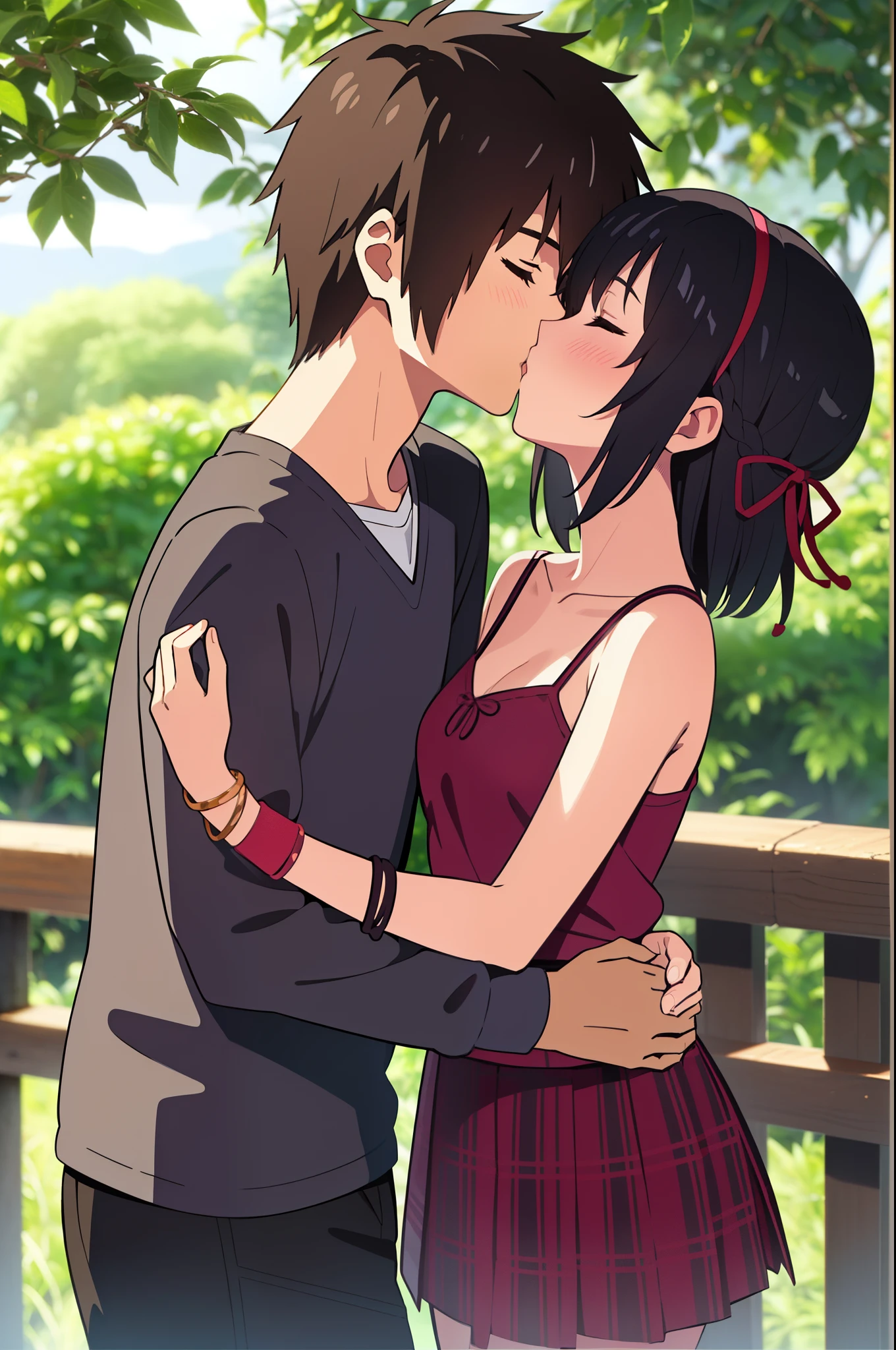 shinkai makoto, kimi no na wa., 1girl, 1boy, bangs, black hair, short hair, blush, (boy wear casual clothes, pants), ((girl wear camisole, dress, collarbone, red headband, red ribbon, skirt, plaid skirt, bare shoulders, bare-legged)), bracelet, cute, love, couple, adorable, dating, (((kiss, deep kiss))), closed eyes, Rainforest background, in the forest, upper-body