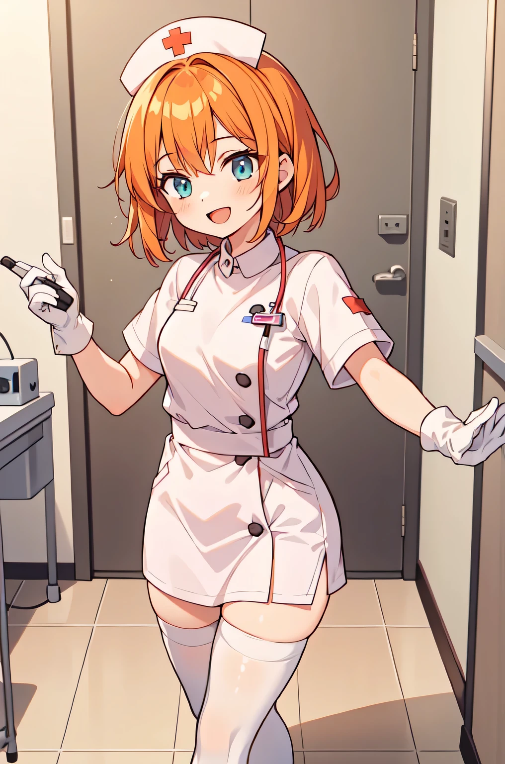 1girl, solo, nurse, nurse cap, white nurse uniform, ((white legwear, zettai ryouiki)), white gloves, very short hair, orange hair, smile, open mouth, standing, ((hospital room)), sharp outline, short sleeves, tomboy, boyish, best quality, masterpiece