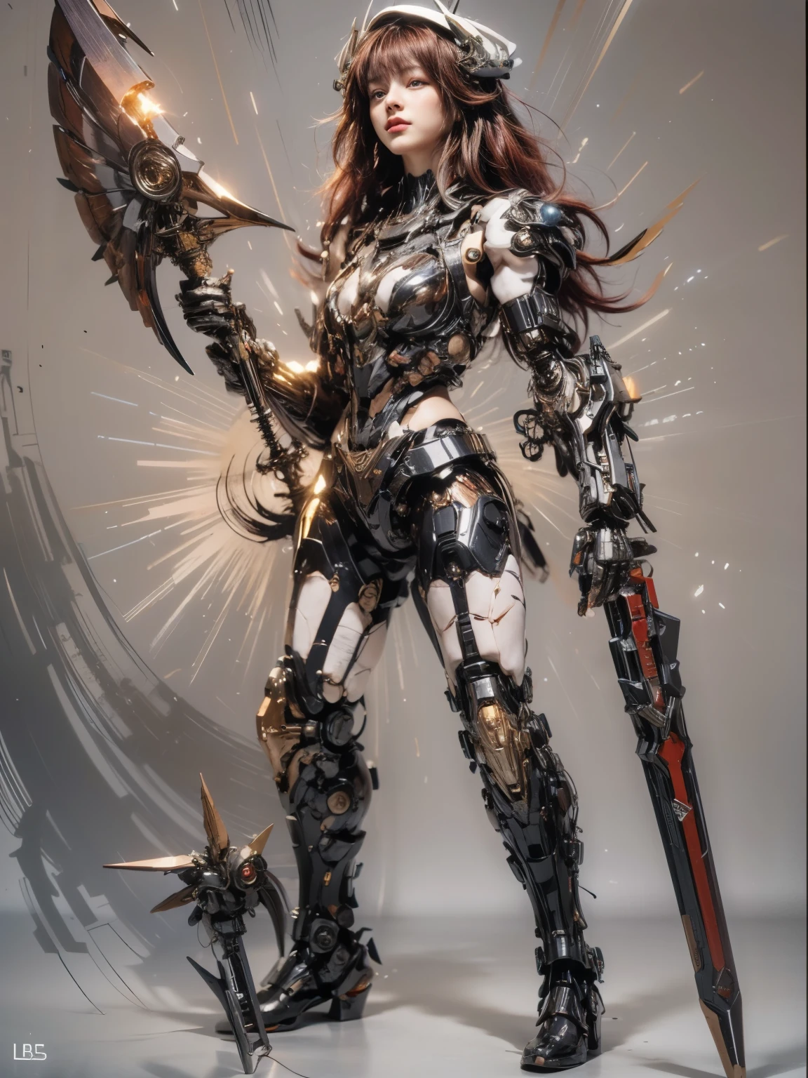 (top-quality:1.2, masterpiece)、ultra high resolution、extremely ultra surrealism, (Photorealsitic:1.4)、Raw photo、(Steampunk Battle Cyborg fallen angel)、(large mechanical bat wings)、black porcelain body、red hair、glowy skin、1 Cyborg girl、(mechanical frame:1.3)japanese, extremely cute face, ((super realistic details))、portrait、globalillumination、Shadow、octan render、8K、ultrasharp、character edge light、Details of complex ornaments、Acrylic Clear Cover、Sumerian details、Hydraulic cylinder、Small LED lamp、highly intricate detail、Realistic light、a purple eye、radiant eyes、Facing the camera、neon details、cowboy shot、Futuristic headgear、About Cyberpunk