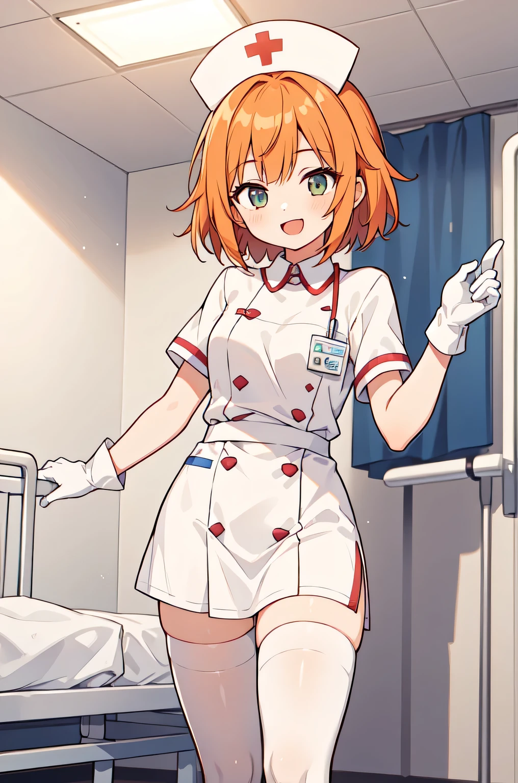 1girl, solo, nurse, nurse cap, white nurse uniform, ((white legwear, zettai ryouiki)), white gloves, very short hair, orange hair, smile, open mouth, standing, ((hospital room)), sharp outline, short sleeves, tomboy, boyish, best quality, masterpiece