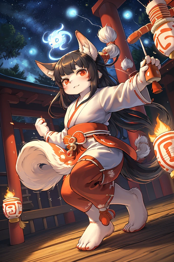 (Gogh style:1.2) , (1 hairy inari girl and 1 ogres duo:1.3) , Short stature , realistic hairy fur , Straight black Long Hair , Round face, swollen cheeks,round eyes , neat hair ties , Japanese Shrine Maiden Clothing , (dynamic Noh dance action:1.5) , in the Inari Shrine , Sacred offerin  , (Fly around Will-o'-the-wisp) , midnight
