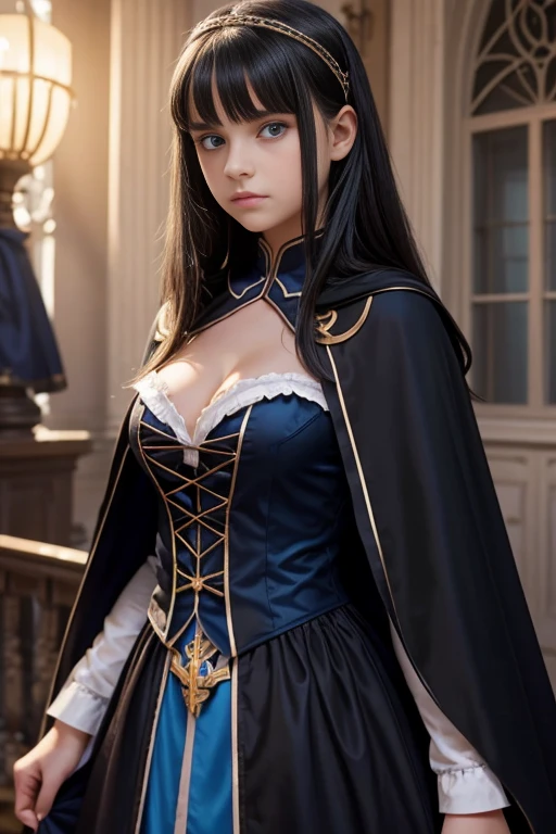 TeEn girl, evil, teenager(1.3),13 years old, teen girl, very small breats, black hair and blue eyes, detailed face, ,cleavage, cropped with cape, dress with christian cross ,background in prussia
