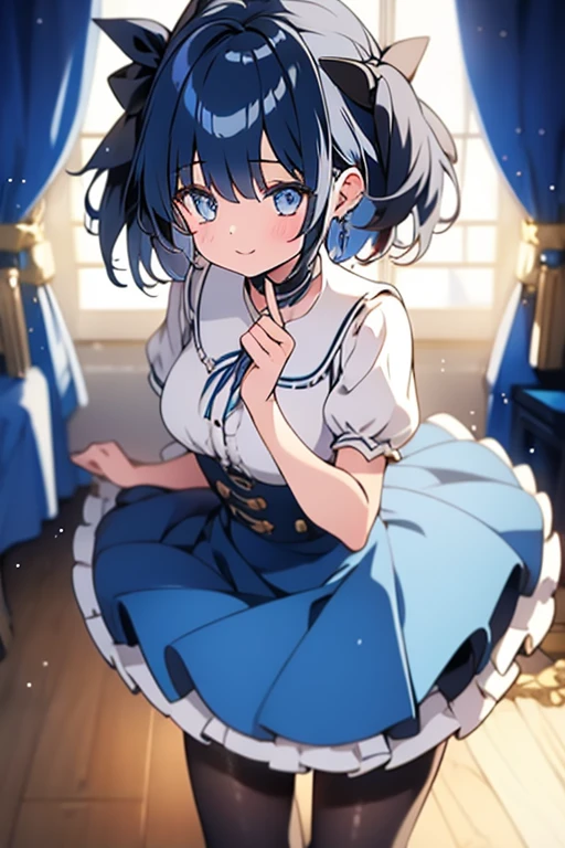 highest quality, 8K,(one girl:1.3),(sharp bob),Navy Hair,light Blue Eyes,seductive smile,Black Pantyhose, Blue short skirt,White blouse,Almond-shaped eyes,close mouth,Fancy Room,make out,fidgety,from side,(tall stature:1.1),shy,hair ribbon, frills, short sleeves,one side up