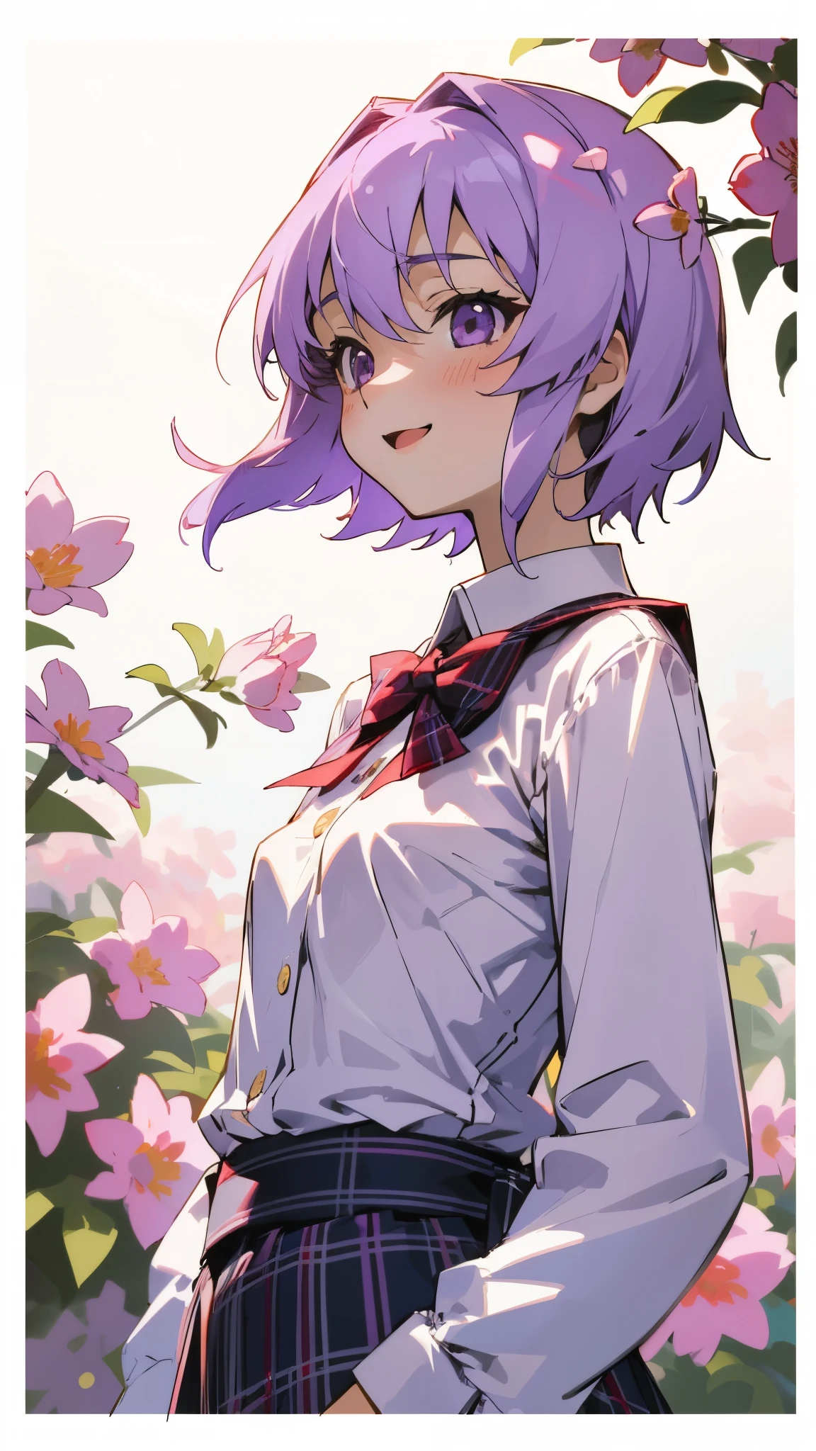 １girl、Yuitsuki Yukari、18-year-old、Small breasts、Slim figure、Light purple hair、short hair、(Hair between the eyes) )、white blouse shirt、Tartan Check Skirt、Upper body close-up、From the side、Laughter、Background of blooming red flowers、Background Blur、Depth of the drawn border