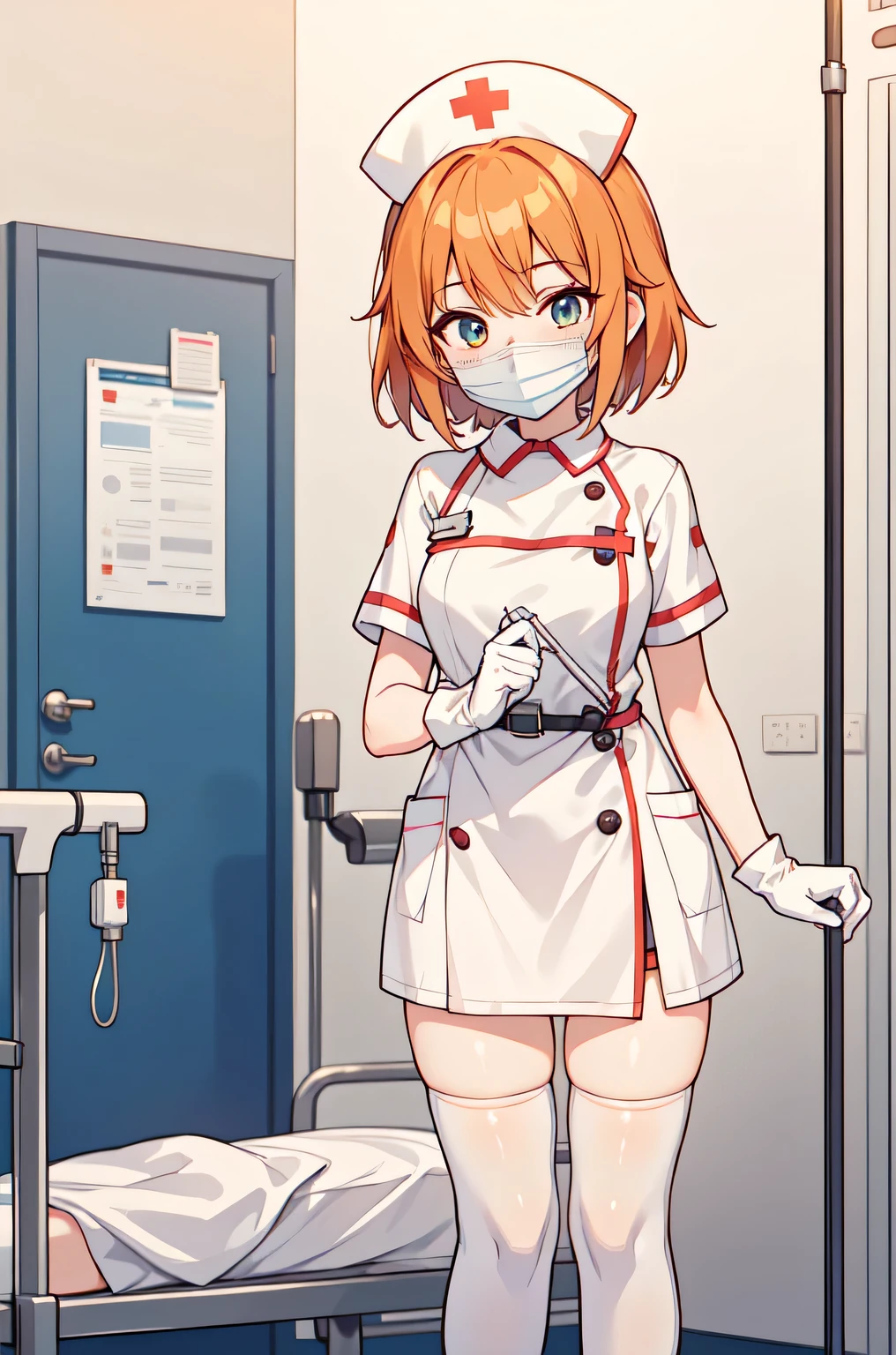 1girl, solo, nurse, nurse cap, white nurse uniform, ((white legwear, zettai ryouiki)), white gloves, very short hair, orange hair, ((white surgical mask, covered nose)), standing, ((hospital room)), sharp outline, short sleeves, tomboy, boyish, best quality, masterpiece