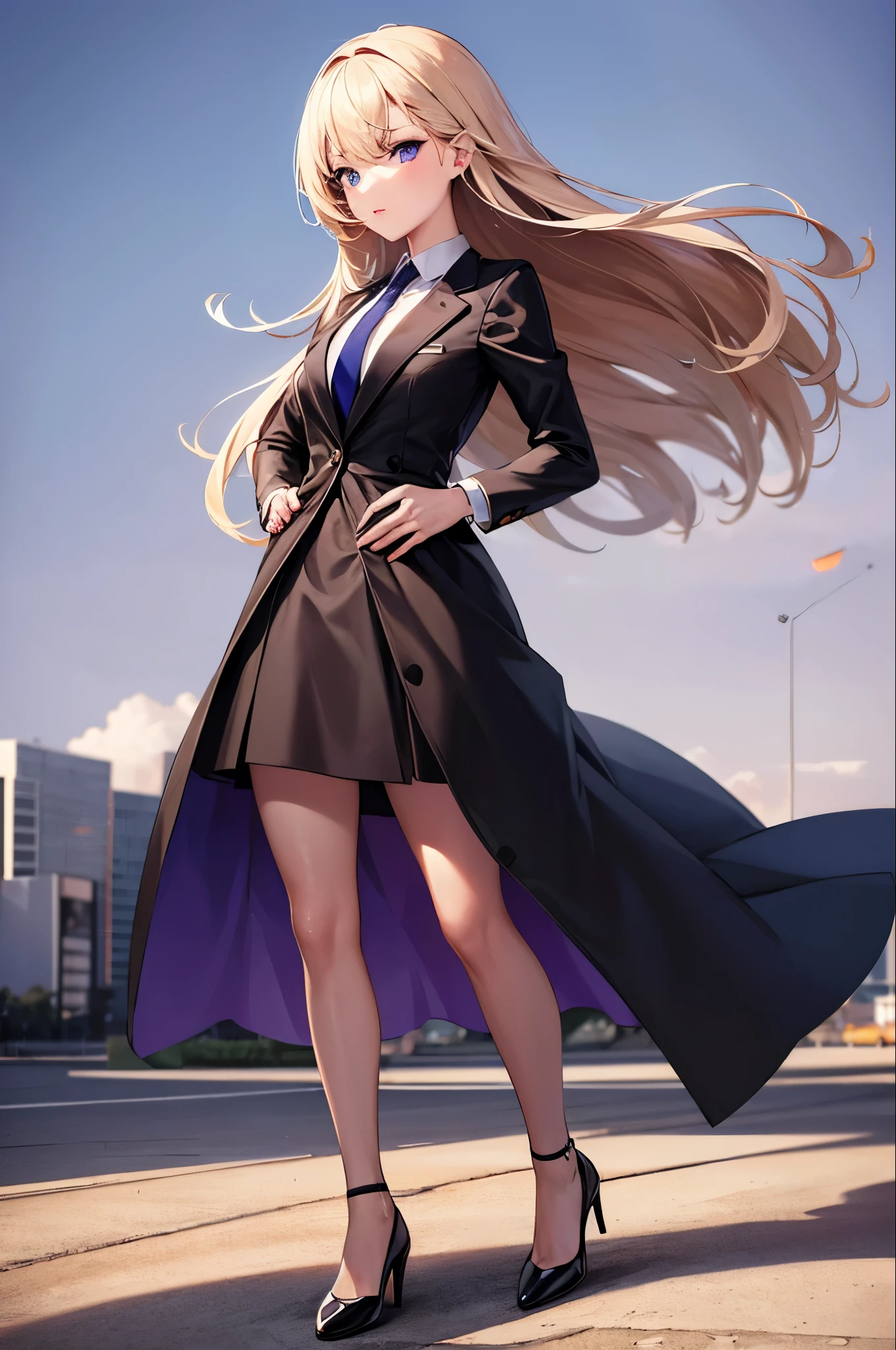 Anime girl with long hair and blue eyes standing on a city street, ArtStation Pixivでトレンド, Purple eyes, Blue tie, beautiful (Fine grain, Detailed face,) , Euradev, Noble Temperament, High heels, No watermark