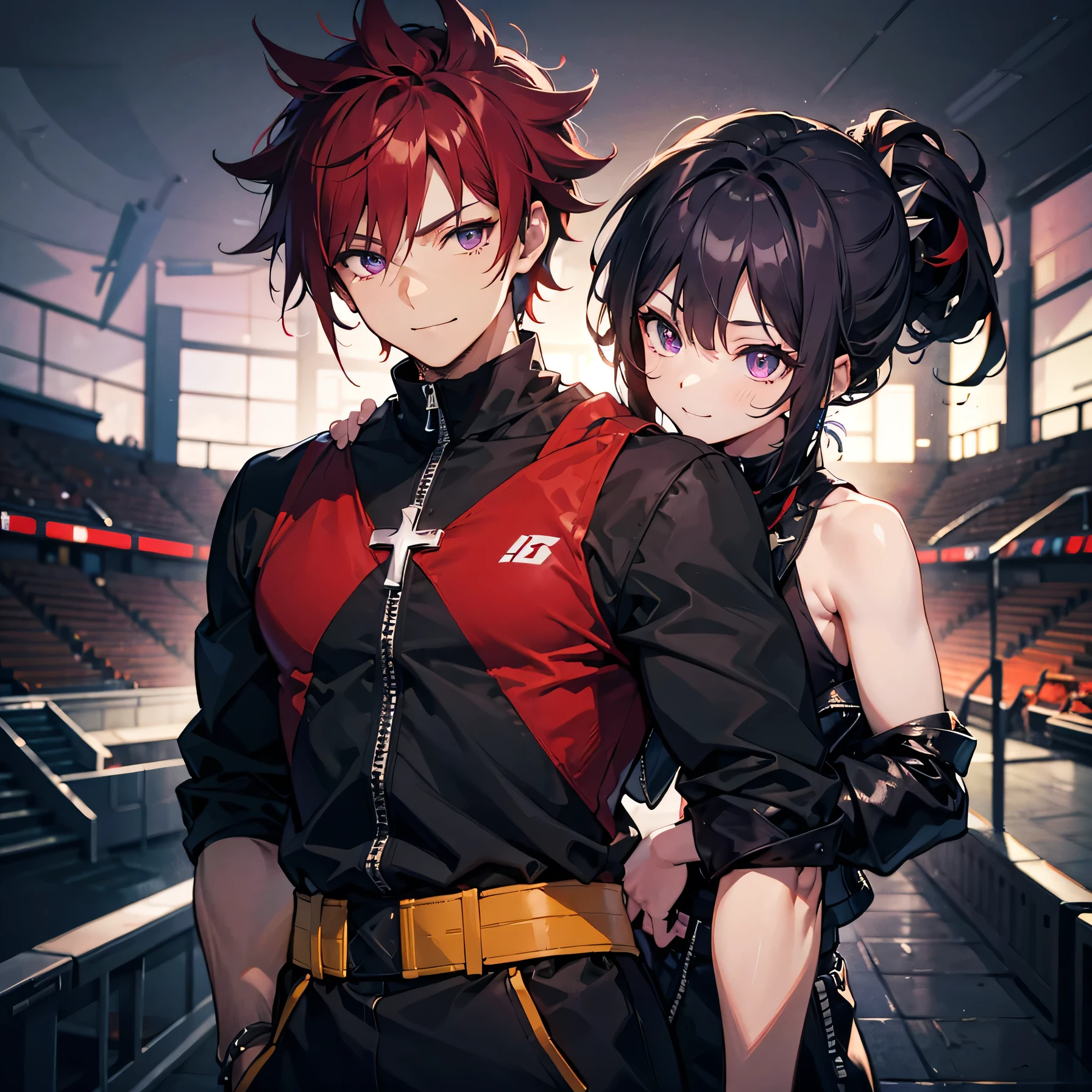 Anime art style,highest quality,High resolution,Anatomically correct,One Man,Twenty generations,Dark red hair,Purple Eyes,Super detailed,Fantasy-style world,Focus on the upper body,Spiky Hair,Spiked Hair,Strong physique,Short black jacket,Plain red tank top,wild atmosphere,Confident々Smile,Cross your arms,Arena,8K
