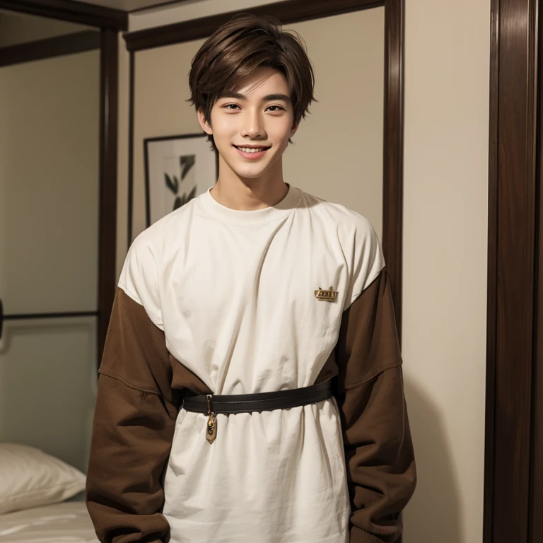A young man, brown hair, calm smile, full height