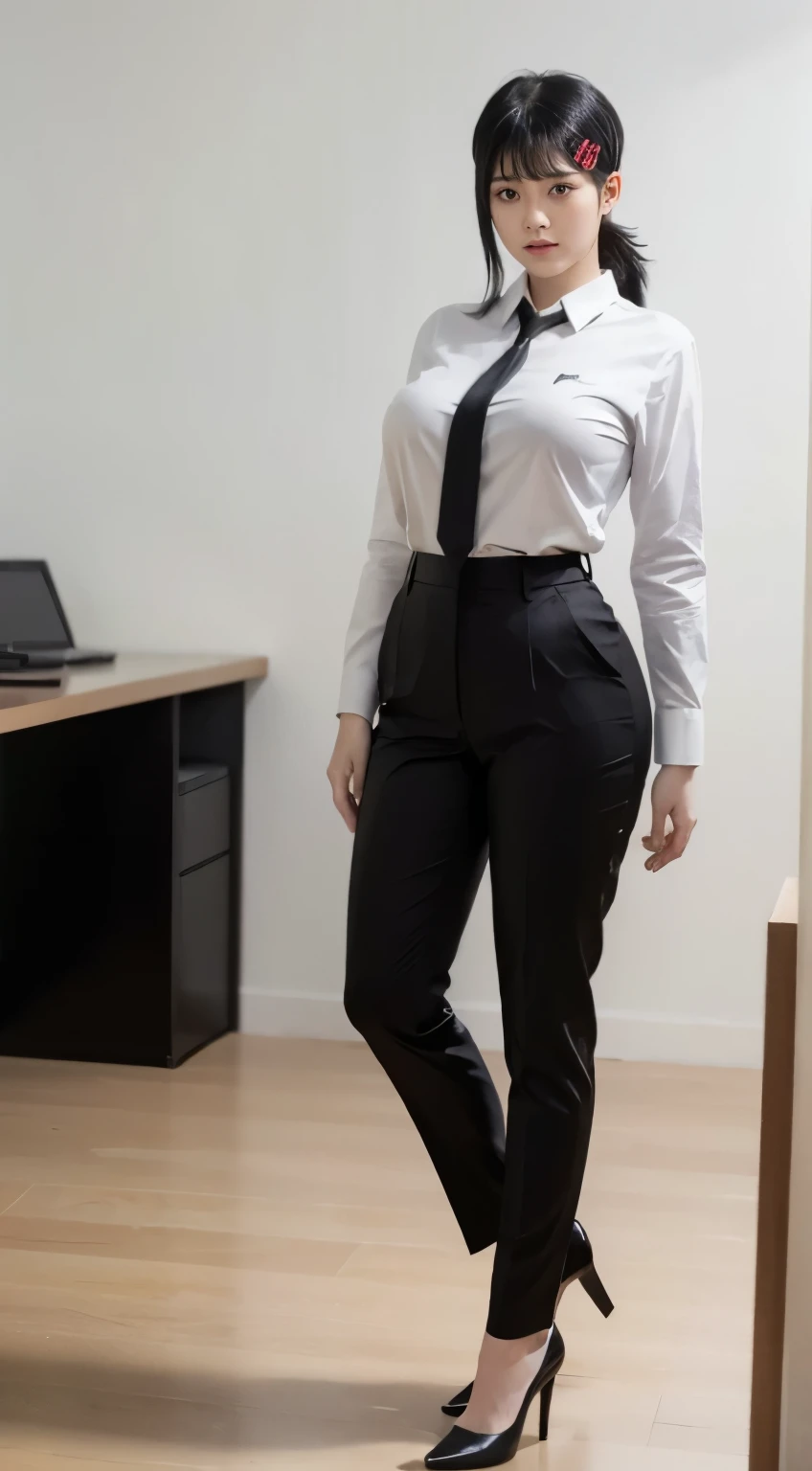 Highest quality、Ultra-high resolution、Professional Lighting、Detailed Background、workroom、full body,Kobeni-chan、A sloppy smile、25-year-old woman、beautiful girl、(Kobeni-chan、Jet black hair, Black Hair, bangs, One-sided hair,)、(Red Hair Clip:1.1)、(White shirt:1.2)+(Black tie:1.2)+(black long pants for work:1.2)、(Huge breasts that look like they might burst:1.2)、(Big thighs:1.1)、Are standing、Model pose