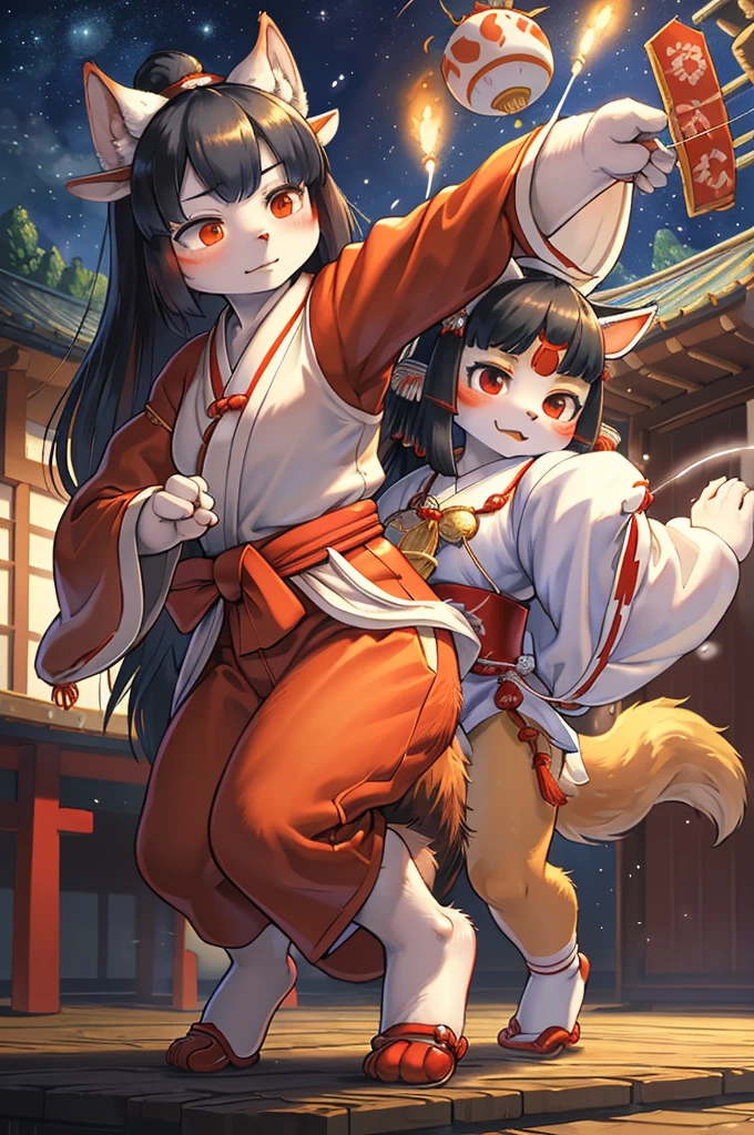 (Gogh style:1.2) , (1 hairy inari girl and 1 ogres duo:1.3) , Short stature , realistic hairy fur , Straight black Long Hair , Round face, swollen cheeks,round eyes , neat hair ties , Japanese Shrine Maiden Clothing , (dynamic Noh dance action:1.5) , in the Inari Shrine , Sacred offerin , (Fly around Will-o'-the-wisp) , midnight
