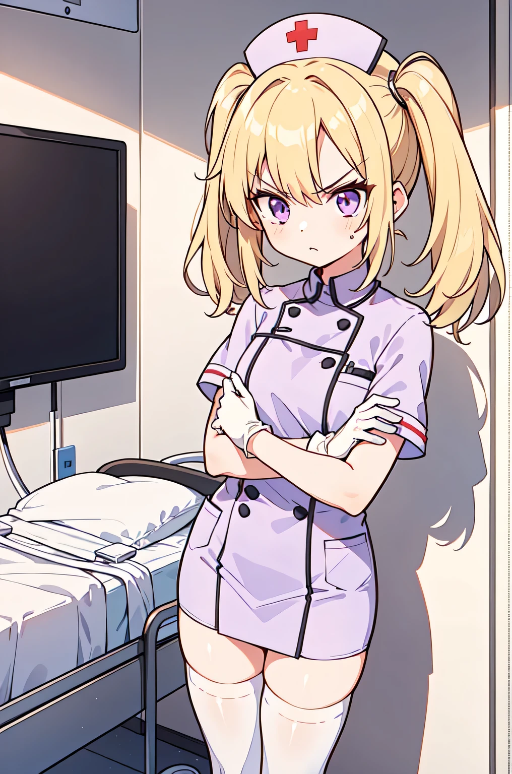1girl, solo, nurse, nurse cap, white nurse uniform, ((white legwear, zettai ryouiki)), white gloves, twintails, yellow hair, purple eyes, angry, crossed arms, standing, ((hospital room)), sharp outline, short sleeves, best quality, masterpiece
