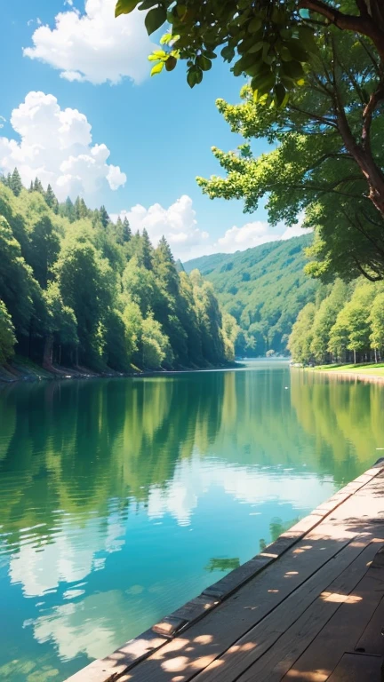 Summer sunny day relaxing lake side photo. Shiny and chilling vibe.