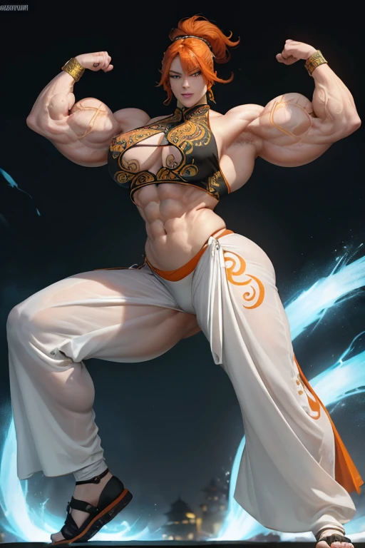 ((((Massive tall, beautiful, buff, pale white skinned muscular woman with orange hair, ginormous muscles, wearing a beautiful silk black Tai Chi–fu and pants adorned with intricate earthly designs)))), (close view), massive muscles, massive biceps, hyper muscle shoulders, massive muscle arms, vascular shoulders, hyper muscle triceps, (long shaggy hair), green eyes, choker, kung fu shoes, (in a land surrounded by cyan electricity), confident smile, night, hyper muscles arms, hyper muscle legs, massive arms