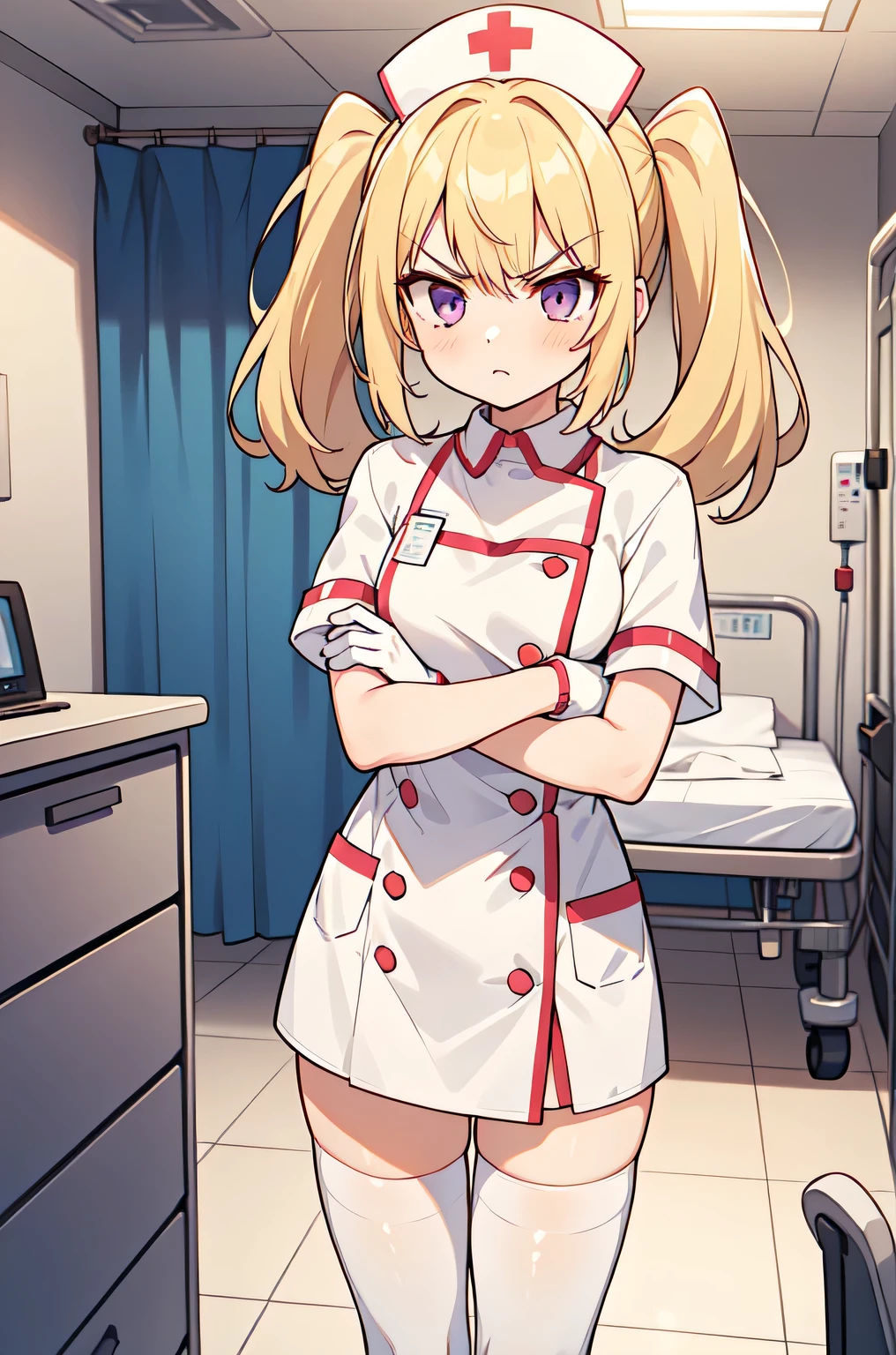 1girl, solo, nurse, nurse cap, white nurse uniform, ((white legwear, zettai ryouiki)), white gloves, twintails, yellow hair, purple eyes, angry, crossed arms, standing, ((hospital room)), sharp outline, short sleeves, best quality, masterpiece