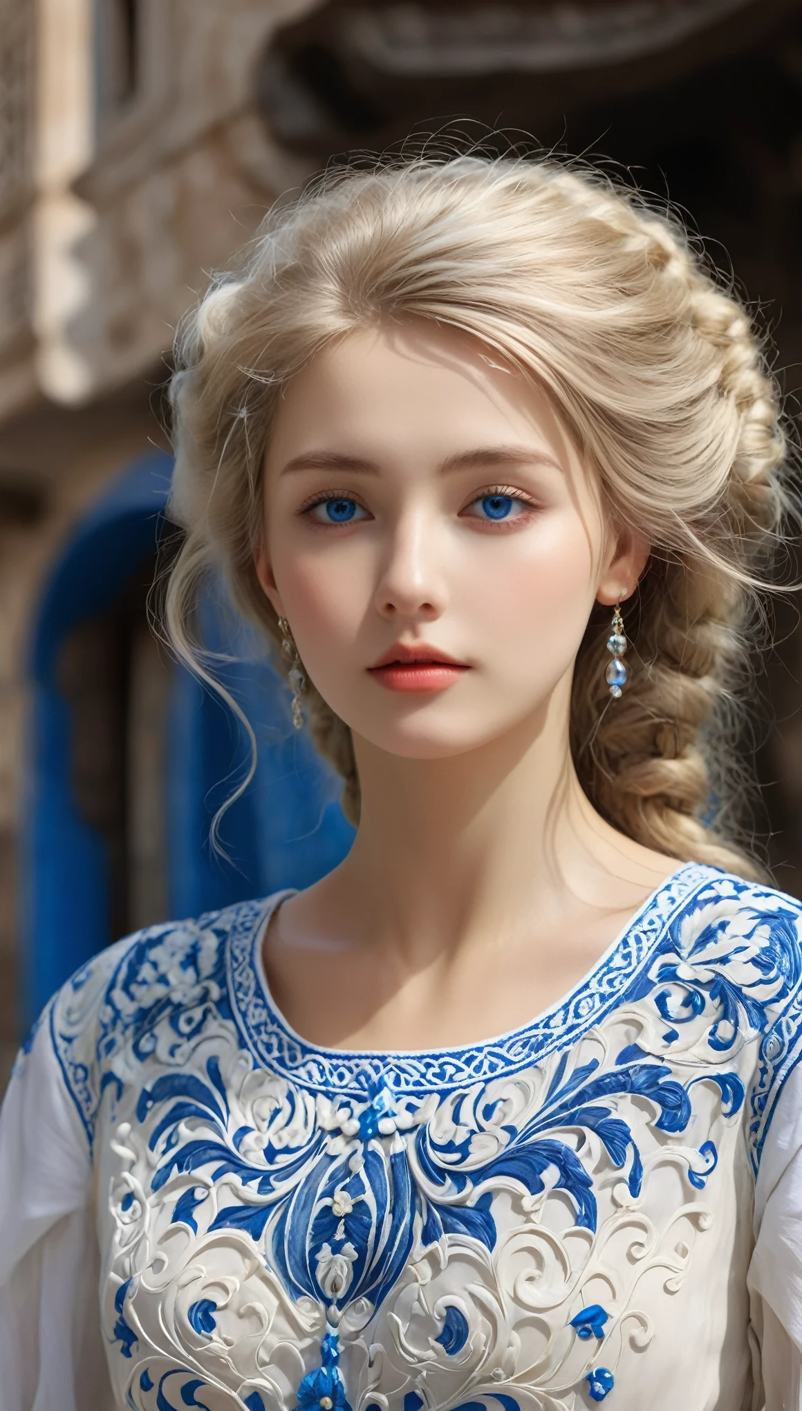 best quality, masterpiece, Realistic photos, Intricate details, original photo, Super detailed, old fashioned Young woman, Peasant-style clothing, No neckline, Blonde Hair, Perfect details and blue eyes, Walking in the ancient city, High-definition quality, 8K, Young woman, 20 years old