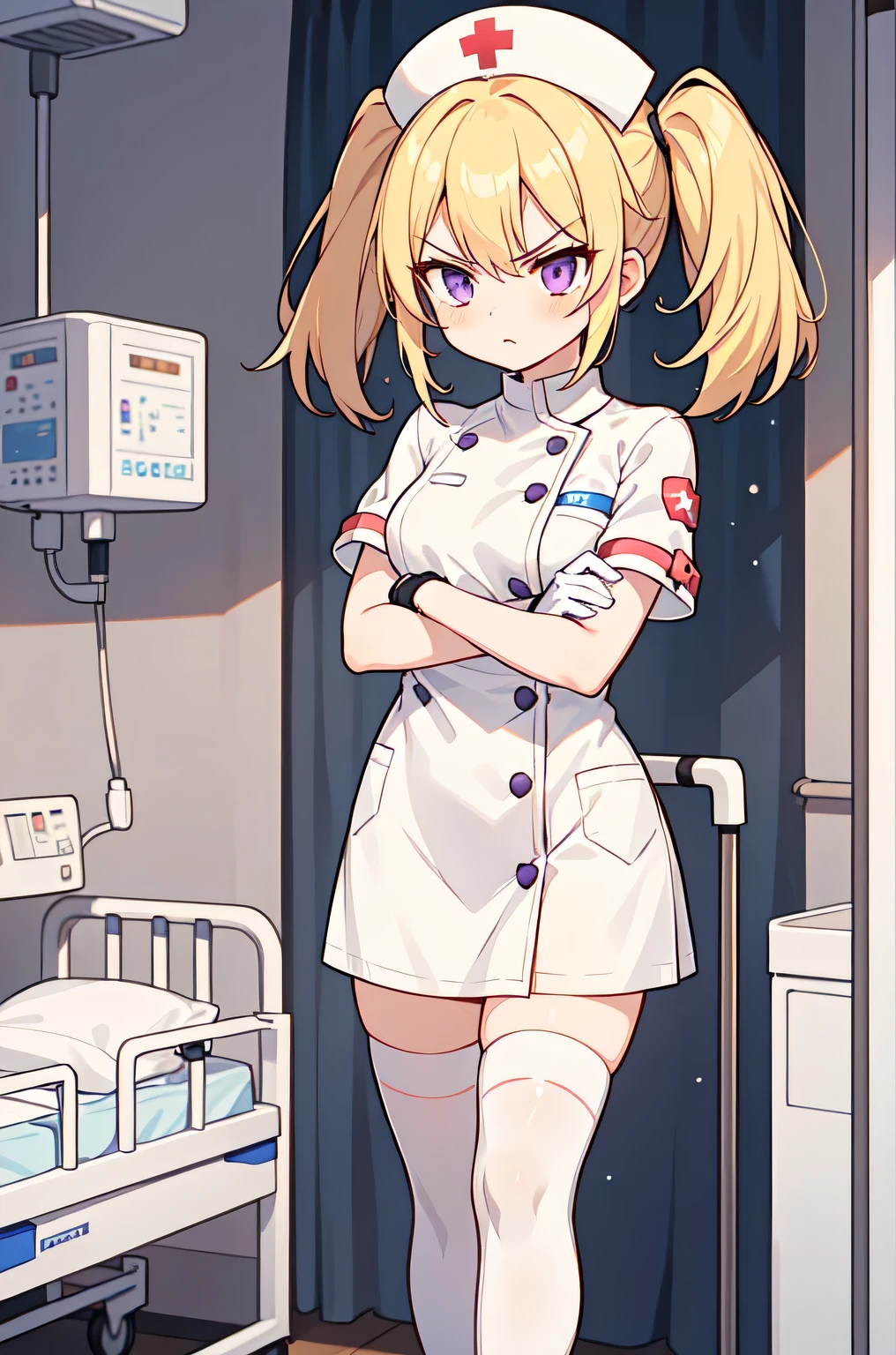 1girl, solo, nurse, nurse cap, white nurse uniform, ((white legwear, zettai ryouiki)), white gloves, twintails, yellow hair, purple eyes, angry, crossed arms, standing, ((hospital room)), sharp outline, short sleeves, best quality, masterpiece