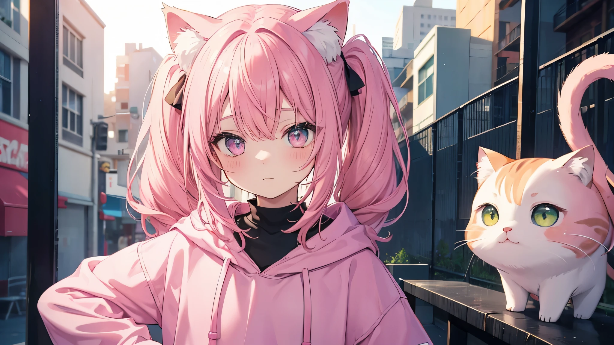 cute girl 10 years old, two pigtail hair, pink hair, green eye, pink hoodie, cat ear