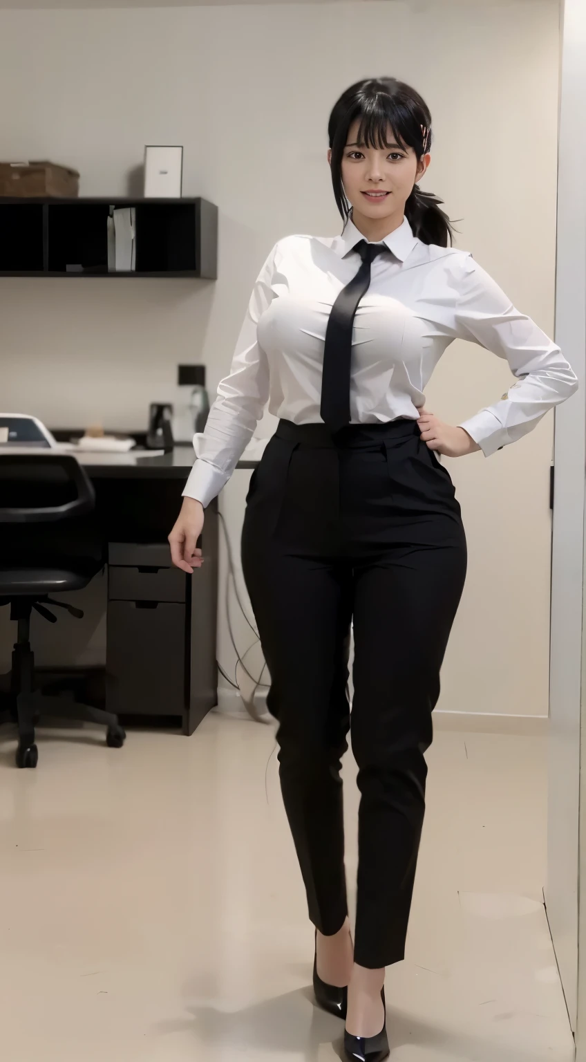 Highest quality、Ultra-high resolution、Professional Lighting、Detailed Background、workroom、full body,Kobeni-chan、A sloppy smile、25-year-old woman、beautiful girl、(Kobeni-chan、Jet black hair, Black Hair, bangs, One-sided hair,)、(Red Hair Clip:1.1)、(White shirt:1.2)+(Black tie:1.2)+(black long pants for work:1.2)、(Huge breasts that look like they might burst:1.2)、(Big thighs:1.1)、Are standing、Model pose