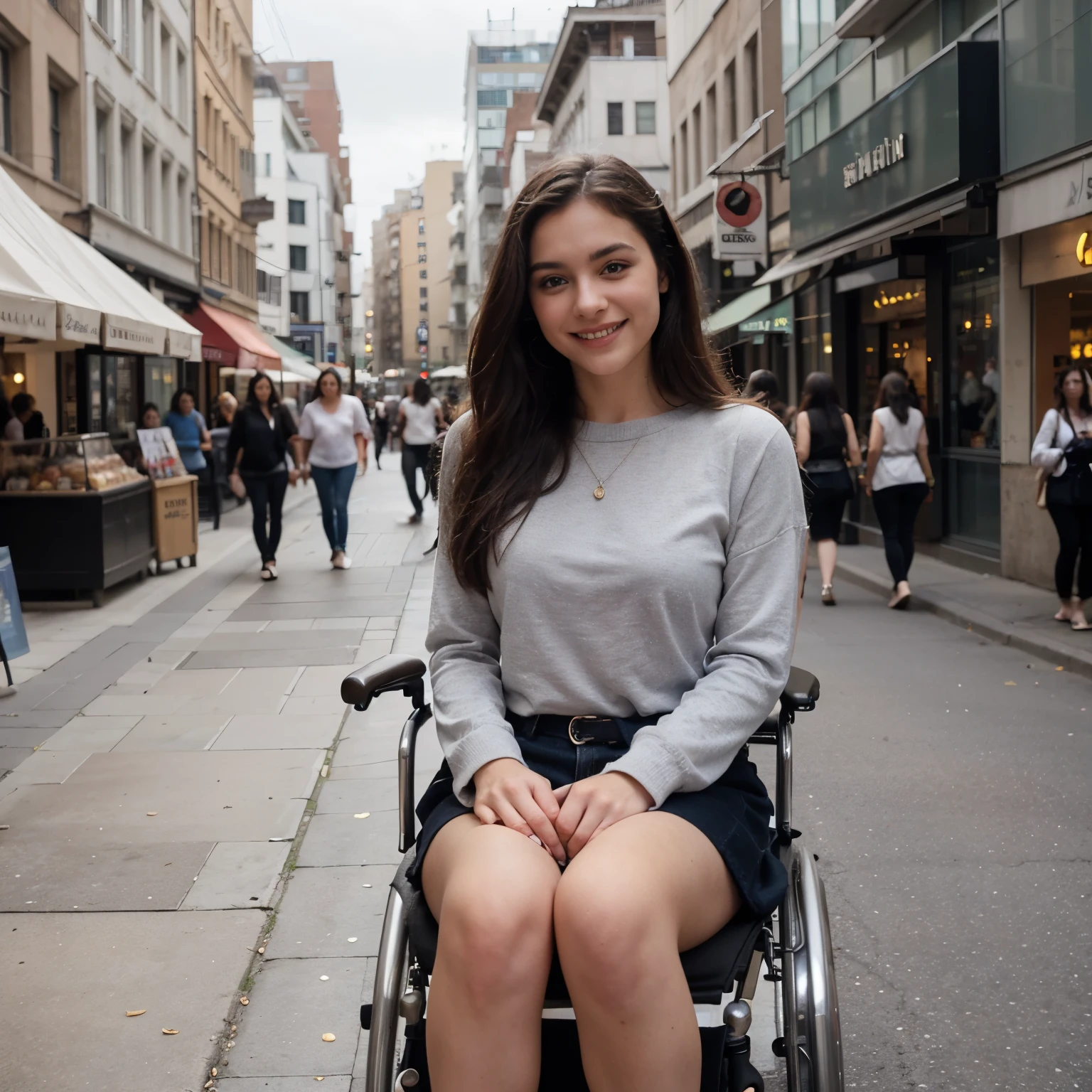 "A 22-year-old, cute woman with a disability, sitting in a wheelchair in the bustling city center. She has a bright, cheerful smile, with expressive eyes and long, flowing hair. She is wearing a fashionable outfit, such as a casual dress or a trendy top and jeans, that complements her youthful and vibrant personality. The city center is lively, with tall buildings, busy streets, and people walking by. There are shops, cafes, and street vendors in the background, creating a vibrant urban atmosphere."