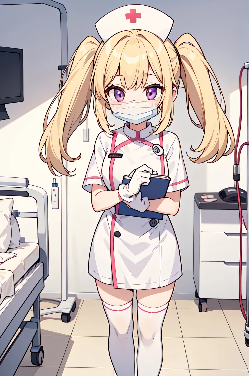 1girl, solo, nurse, nurse cap, white nurse uniform, ((white legwear, zettai ryouiki)), white gloves, twintails, yellow hair, purple eyes, ((white surgical mask, covered nose)), standing, ((hospital room)), sharp outline, short sleeves, best quality, masterpiece