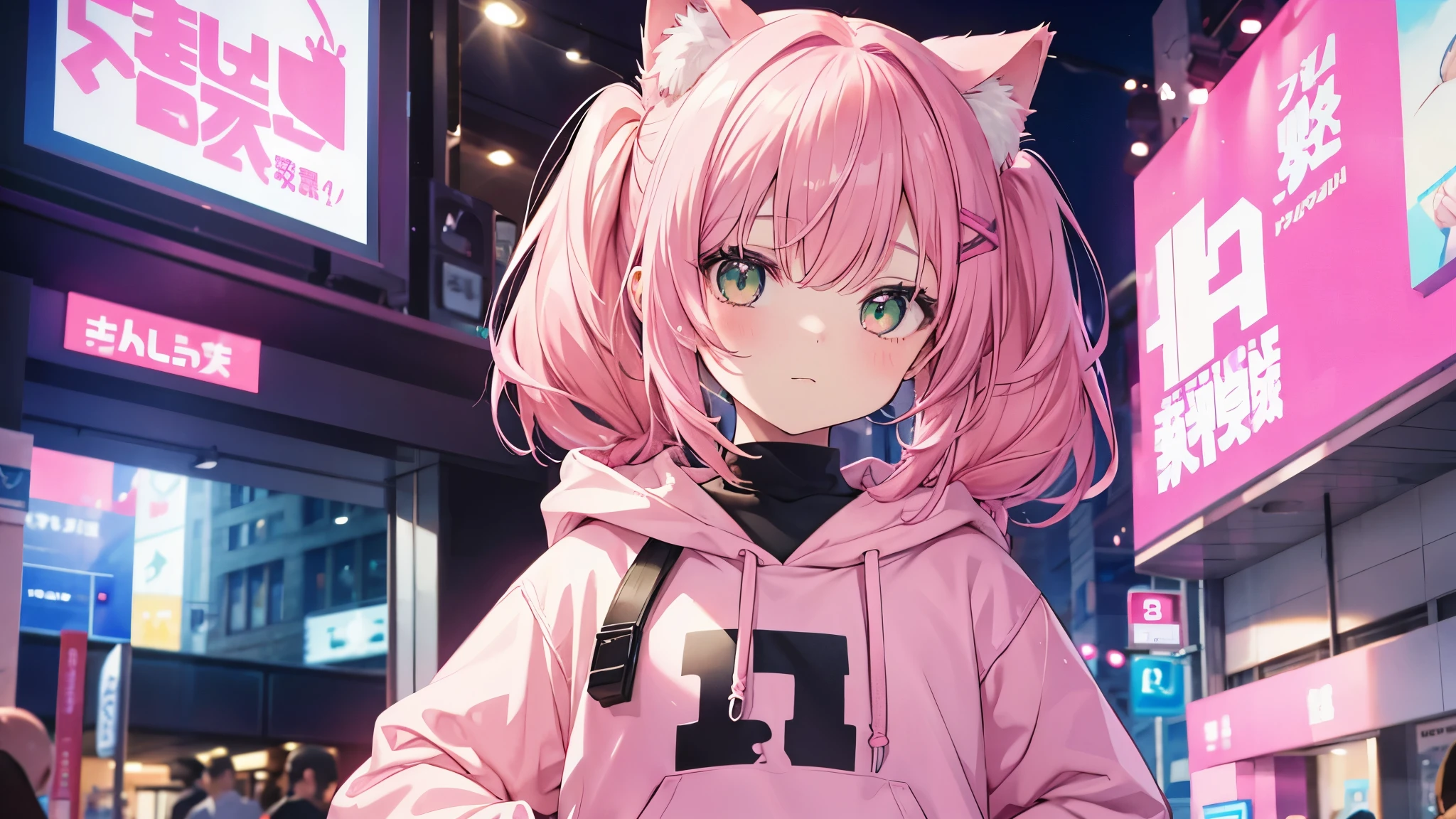 cute girl 10 years old, two pigtail hair, pink hair, green eye, pink hoodie, cat ear