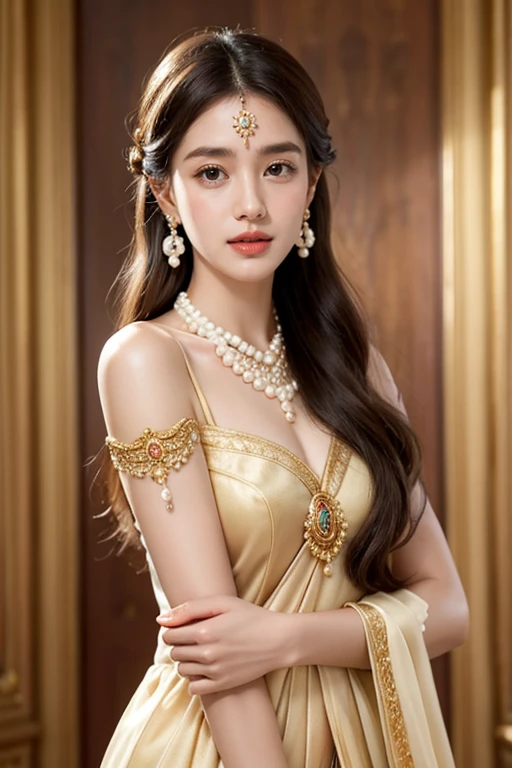 8K, ultra hd, masterpiece, very realistic, 1 girl, golden ratio, ((Best Quality, 8K, Masterpiece: 1.3)), Sharp: 1.2, Perfect Body Beauty: 1.4, Slim Abs: 1.2, Highly detailed face and skin texture, detailed eyes, double eyelids, Highest quality, masterpiece, best picture quality, very realistic, cinematic light, super fine face, beautiful Brown eyes, beautiful lips, attractive, elegant, graceful, full body, perfect body, ornate, golden earrings, colorful jewelries, beautiful pearl necklace, ancient Myanmar princess, ancient Myanmar traditional costumes, beautiful ancient hair knot, ancient ornate hairpin, beautiful golden ornate shawl, little smile,