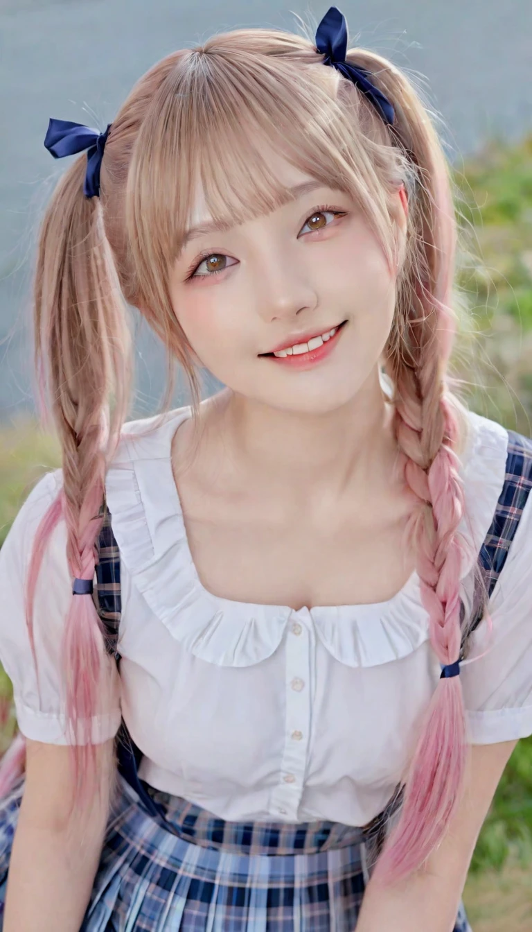 (8K, masutepiece, Highest Quality, Best Quality, Official art, Breathtaking beauty and aesthetics, A highly detailed, The best masterpiece in history that exceeds limits, Breathtaking and beautiful lighting:1.2), (1 Absolute Beautiful Girl, Solo), (sixteen years old), (beautiful detailed face), (shiny white skin), (beautiful detailed pink twin tails hair, Bangs:1.3), (beautiful detailed adolable drooing pink eyes:1.3), (high school uniform), (white shirt, pastel blue Tartan Plaid pleated skirt, patsel blue ribbon:1.3), (Beautiful big bust:1.3), (happy smile, Beautiful smile, Gentle smile, cute smile, innocent smile:1.2), (Attractive, amazing, Beautiful, Elegant, Luxurious, magnifica, Happy, Eye-catching, the ultimate beauty, Supreme Beauty, Superlative beauty, Elegant, Graceful, Everyone loves it, Beauty that fascinates everyone, Healed, The highest level of complete beauty, cute like an idol, Stylish like a fashion model, Goddess-like grace, Be loved, cute little, adolable), Look at the camera, cute pose, breathtaking scenery, (ultra detailed realistic Beautiful high school study, morning:1.3),