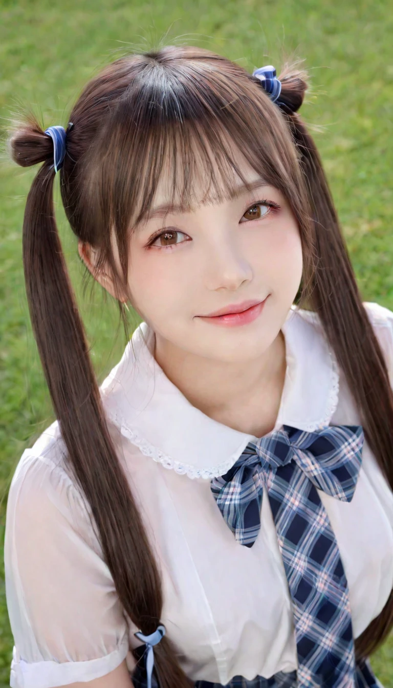 (8K, masutepiece, Highest Quality, Best Quality, Official art, Breathtaking beauty and aesthetics, A highly detailed, The best masterpiece in history that exceeds limits, Breathtaking and beautiful lighting:1.2), (1 Absolute Beautiful Girl, Solo), (sixteen years old), (beautiful detailed face), (shiny white skin), (beautiful detailed pink twin tails hair, Bangs:1.3), (beautiful detailed adolable drooing pink eyes:1.3), (high school uniform), (white shirt, pastel blue Tartan Plaid pleated skirt, patsel blue ribbon:1.3), (Beautiful big bust:1.3), (happy smile, Beautiful smile, Gentle smile, cute smile, innocent smile:1.2), (Attractive, amazing, Beautiful, Elegant, Luxurious, magnifica, Happy, Eye-catching, the ultimate beauty, Supreme Beauty, Superlative beauty, Elegant, Graceful, Everyone loves it, Beauty that fascinates everyone, Healed, The highest level of complete beauty, cute like an idol, Stylish like a fashion model, Goddess-like grace, Be loved, cute little, adolable), Look at the camera, cute pose, breathtaking scenery, (ultra detailed realistic Beautiful high school study, morning:1.3),