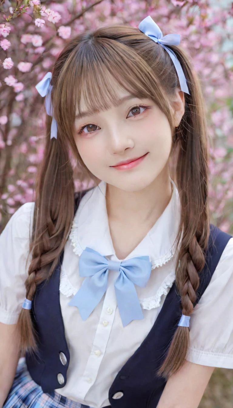 (8K, masutepiece, Highest Quality, Best Quality, Official art, Breathtaking beauty and aesthetics, A highly detailed, The best masterpiece in history that exceeds limits, Breathtaking and beautiful lighting:1.2), (1 Absolute Beautiful Girl, Solo), (sixteen years old), (beautiful detailed face), (shiny white skin), (beautiful detailed pink twin tails hair, Bangs:1.3), (beautiful detailed adolable drooing pink eyes:1.3), (high school uniform), (white shirt, pastel blue Tartan Plaid pleated skirt, patsel blue ribbon:1.3), (Beautiful big bust:1.3), (happy smile, Beautiful smile, Gentle smile, cute smile, innocent smile:1.2), (Attractive, amazing, Beautiful, Elegant, Luxurious, magnifica, Happy, Eye-catching, the ultimate beauty, Supreme Beauty, Superlative beauty, Elegant, Graceful, Everyone loves it, Beauty that fascinates everyone, Healed, The highest level of complete beauty, cute like an idol, Stylish like a fashion model, Goddess-like grace, Be loved, cute little, adolable), Look at the camera, cute pose, breathtaking scenery, (ultra detailed realistic Beautiful high school study, morning:1.3),