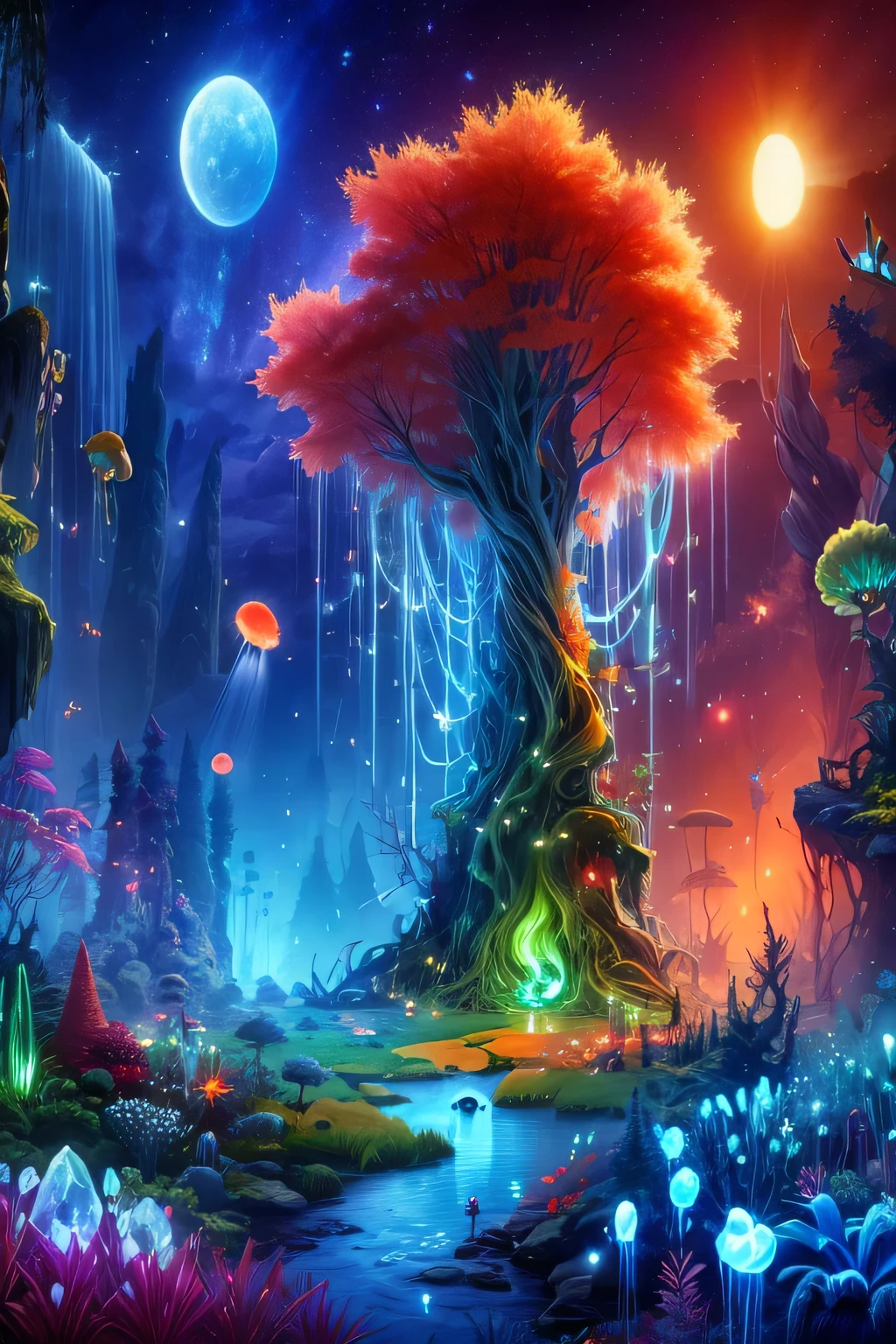 Ori and the Blind Forest Game Style,Extremely detailed, Alien Landscape, Strange tree, Bright red grass, Blue Cactus,Green aurora, Floating jellyfish,Orange starry sky, Natural giant perforated crystal column,Flowing blue leaves, Giant glowing mushroom, Fascinating lava lines, Unique hybrid flower, Two shining suns, and the charming red fireflies 