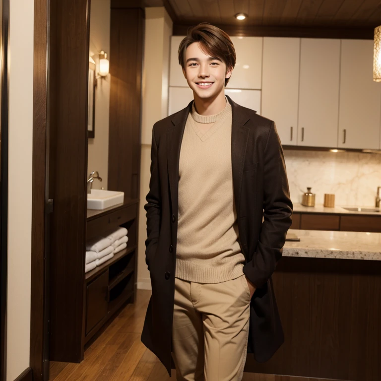 A young man, brown hair, calm smile, full height
