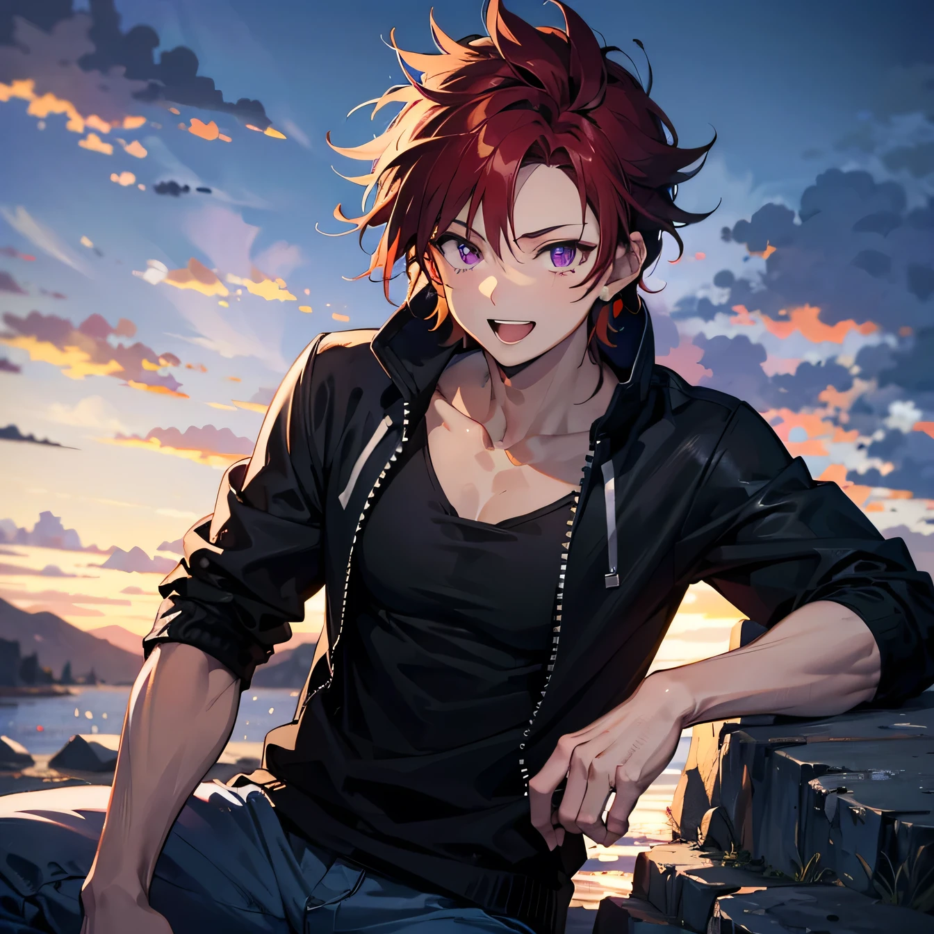 Anime art style,highest quality,High resolution,Anatomically correct,One Man,Twenty generations,Dark red hair,Purple Eyes,Super detailed,Fantasy-style world,Focus on the upper body,Spiky Hair,Spiked Hair,Strong physique,Short black jacket,Plain red tank top,wild atmosphere,Confident々Smile,Laughing with your mouth open,Riverside,sitting with legs crooked on a rock,8K