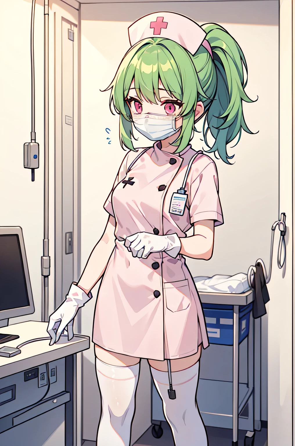 1girl, solo, nurse, nurse cap, white nurse uniform, ((white legwear, zettai ryouiki)), white gloves, ponytail, green hair, pink eyes, ((white surgical mask, covered nose)), standing, ((hospital room)), sharp outline, short sleeves, best quality, masterpiece