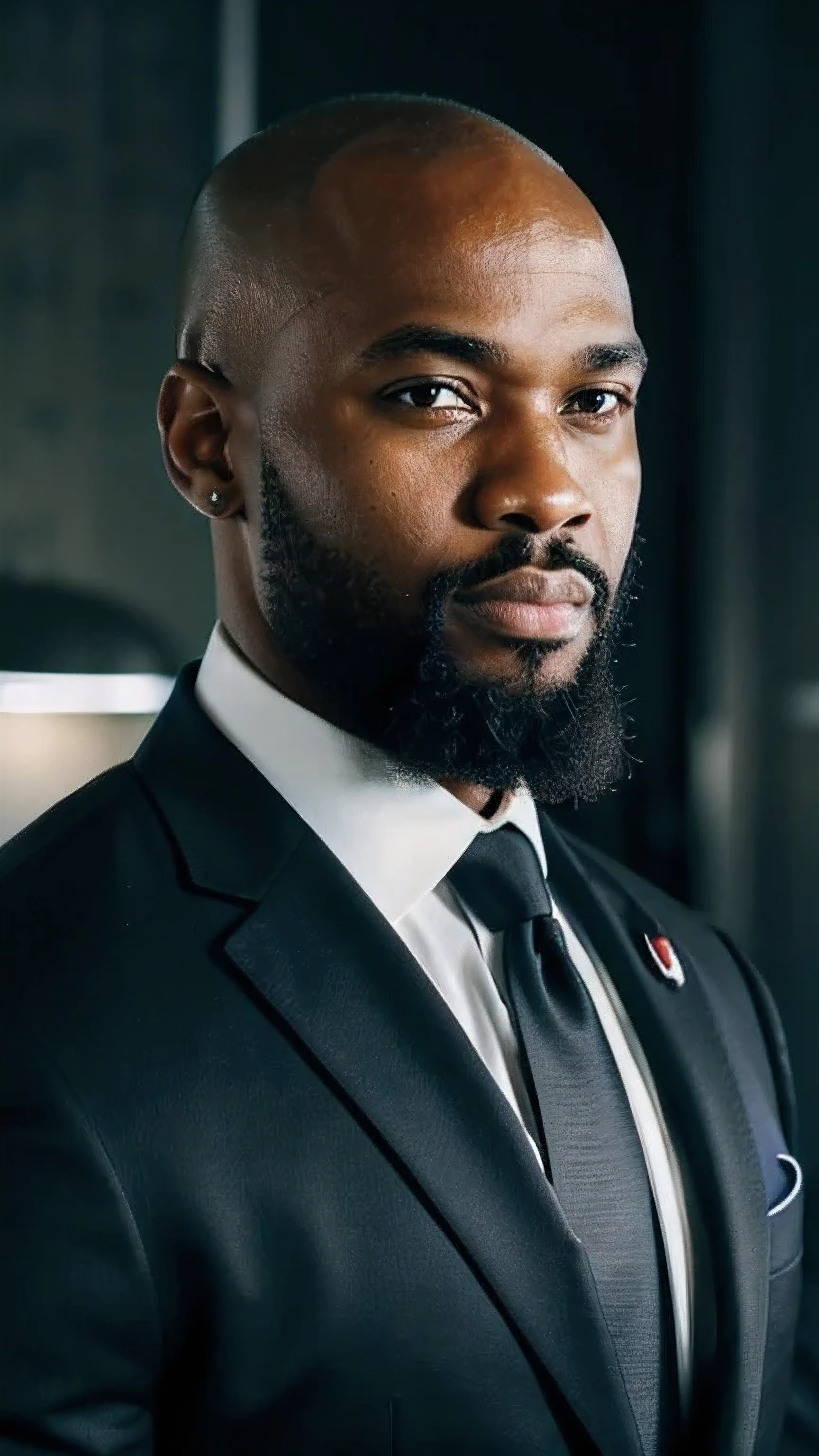 Handsome bearded african american with bald head in a black suit and tie. American flag pin on lapel. In dark office with offset light