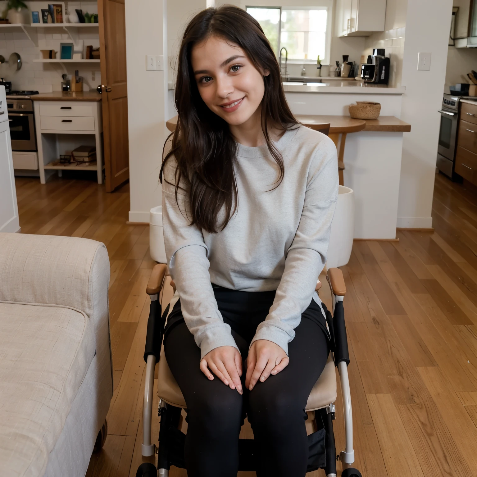 "A 22-year-old, cute woman with a disability, sitting in a wheelchair at home. She has a bright, cheerful smile, with expressive eyes and long, flowing hair. She is wearing a comfortable yet stylish outfit, such as a casual dress or a cozy top and leggings, that complements her youthful and vibrant personality. The home setting is cozy and well-decorated, with a sofa, a coffee table, and shelves with books and personal items in the background, creating a warm and inviting atmosphere."
