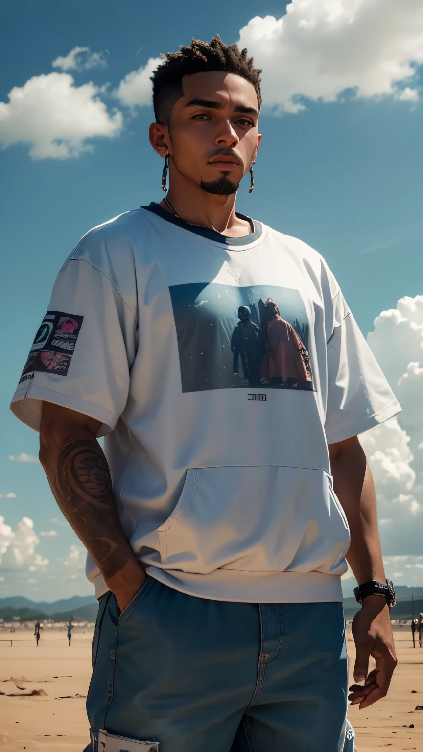 two men standing next to each other in front of a cloudy sky, editado, Moda hip-hop dos anos 90, chave ainda, imagem promocional, Acid wash layers, demobaza, tirada em 2022, medium shot of two characters, altamente detalhado, Taoshi, survive streetwear collection, arte promocional, promo image, suave em _ o fundo