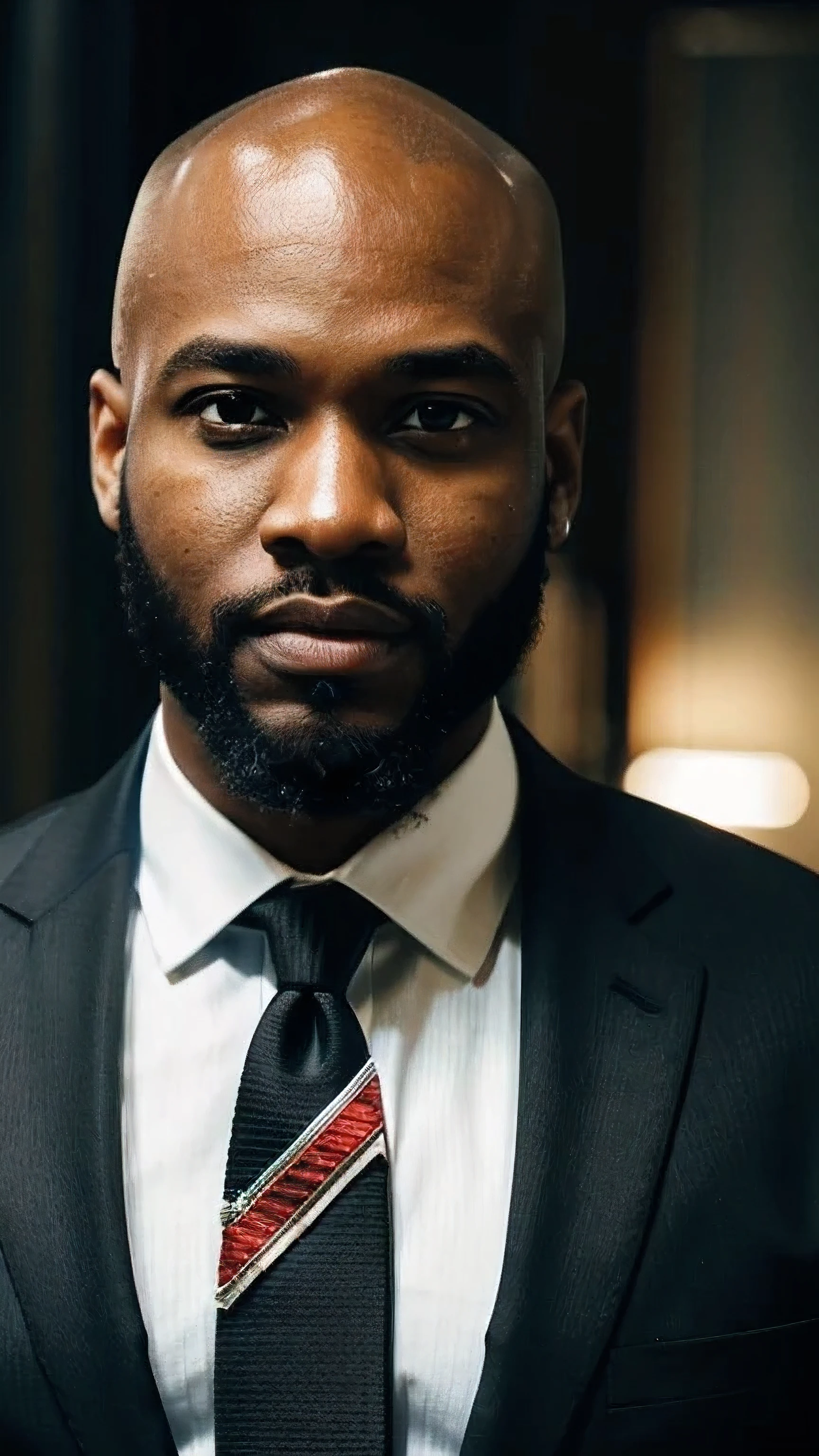 Handsome bearded african american with bald head in a black suit and tie. American flag pin on lapel. In dark office with offset light