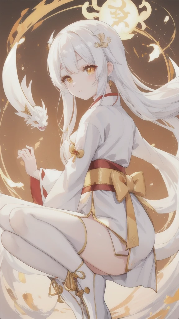 white oriental dragon，Golden Eyes，White Hanfu decorated with amber，white stockings