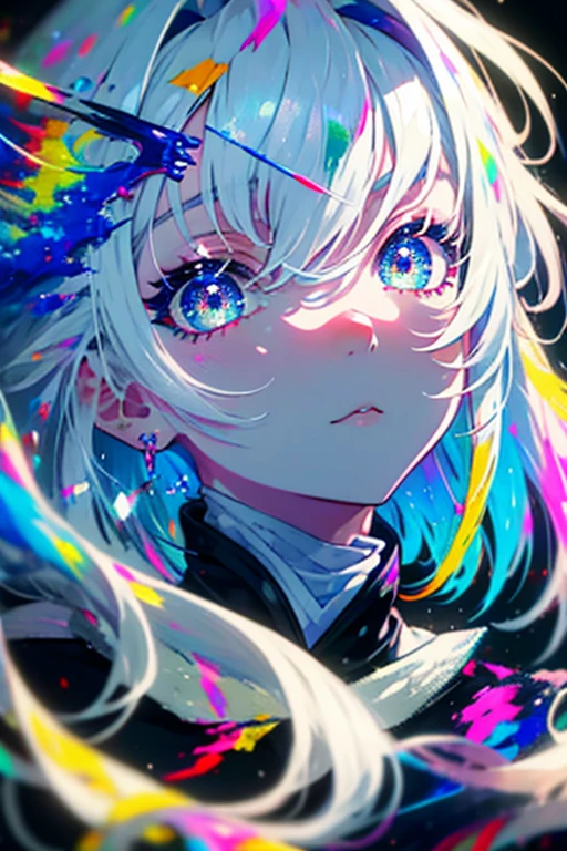 1girl,solo,cute,silver hair,colorful,paint,face focus,perfect face,face is dirty for painting,brilliant eye,vivid eye,colorful eye,glorious