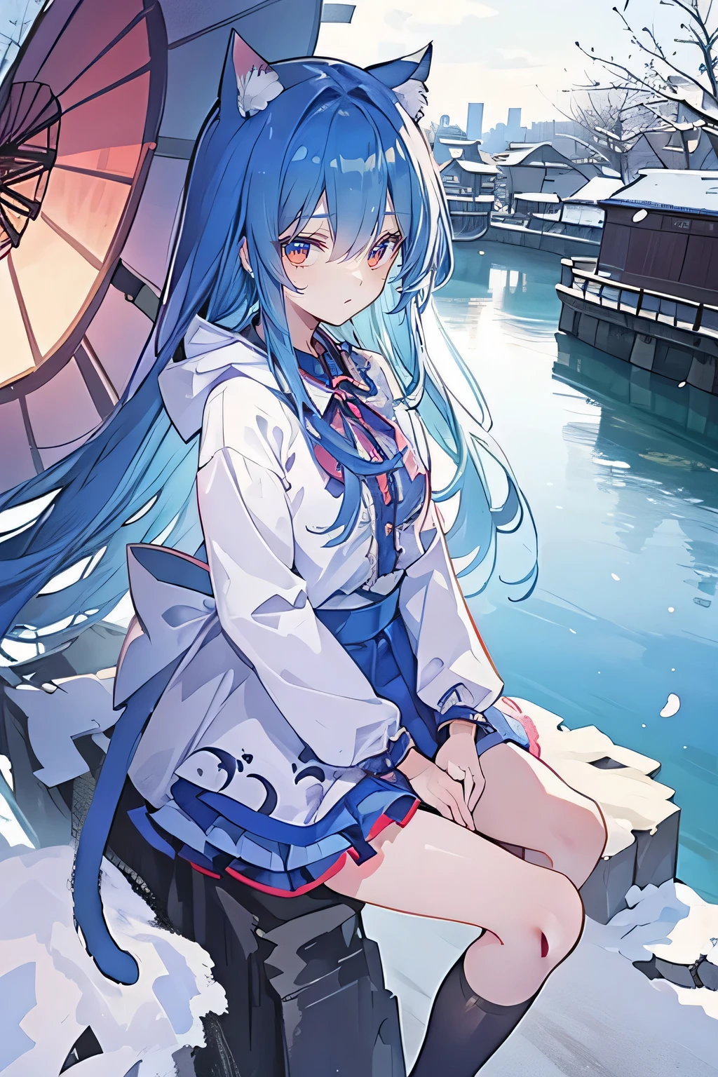 (masterpiece:1.2),Super detailed,lifelike,Expressive eyes,fair skin,perfect face shape,1 girl,
Japanese comics,Gorgeous blue hair,flowing blue hair,flowing clothes,Cat ears,Petals fall,beautiful lola,Baby Angel,
Cross your legs,Gentle and peaceful background,The pavilion is cool and comfortable,smile, wearing hoodie, background of tokyo,back views,snowing, winter.