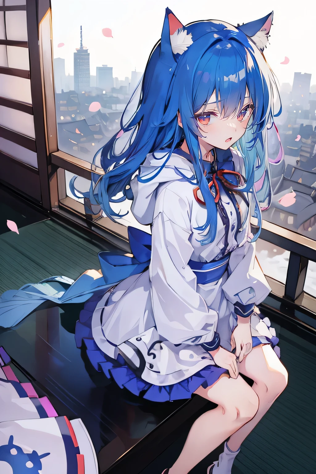 (masterpiece:1.2),Super detailed,lifelike,Expressive eyes,fair skin,perfect face shape,1 girl,
Japanese comics,Gorgeous blue hair,flowing blue hair,flowing clothes,Cat ears,Petals fall,beautiful lola,Baby Angel,
Cross your legs,Gentle and peaceful background,The pavilion is cool and comfortable,smile, wearing hoodie, background of tokyo,back views,snowing, winter.