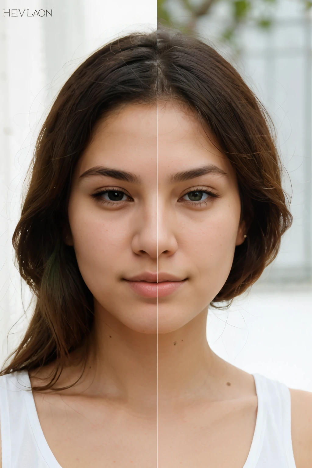photo in white background , Daytime photo, photo 23 years old.oh beautiful woman, realistic skin, Cute appearance, beautiful facial features, looks ahead , in a white sleeveless blouse with a neckline , hands down , bright lighting, Hair gathered, tan, toned facial features, large lips and pits on the cheeks, beautiful nose and average eyes, feminine with charisma, god, Asian and European facial features , mestizo, sharp nose, looks straight , close-up photo , tonic nose , close-up photo, eye color dark green, lifted cheekbones