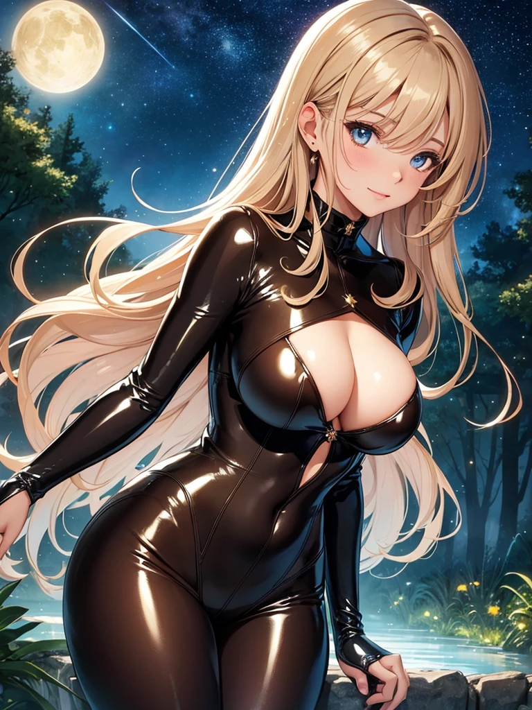 Beautiful Woman
　Beautiful bodystocking latex
　Light　Brown Hair　smile　forest　magic　Masterpiece Night　Starry Sky　Magic sexy, extremely beautiful 22歳　Big Breasts Beautiful Eyeagical gentle lighting    涙　cowboy shot
