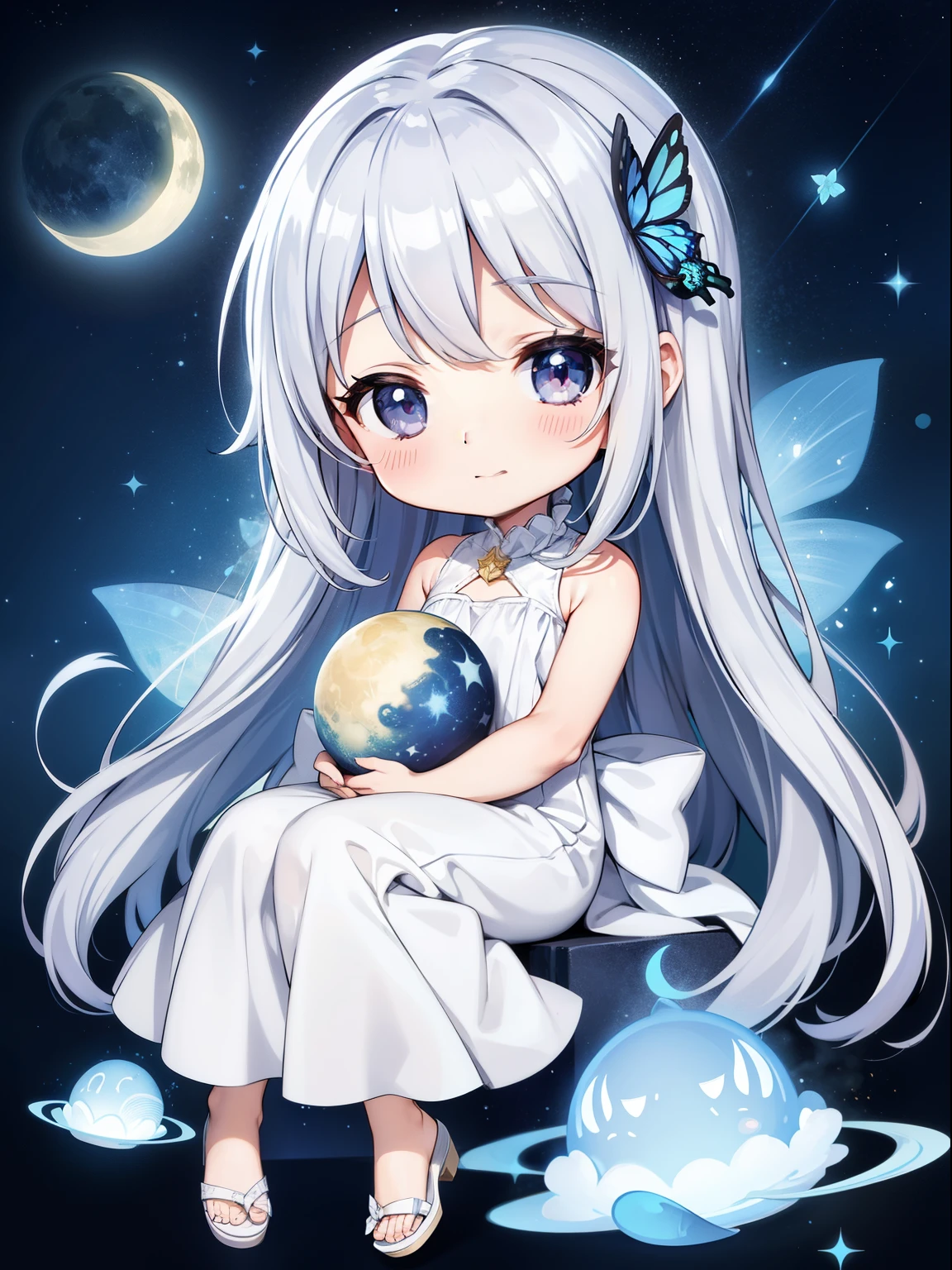Chibichara White long dress、Shining starry sky with moon(picture)、blue Moon、The air is shining、Long and silver hair((Chibi Character))、Gentle smile、fluffy、With a girl、Chibi Character、butterfly々Friend of、Whole Body Ezbian、Silver Hair、highest quality、butterflyの髪飾り、Looks sleepy